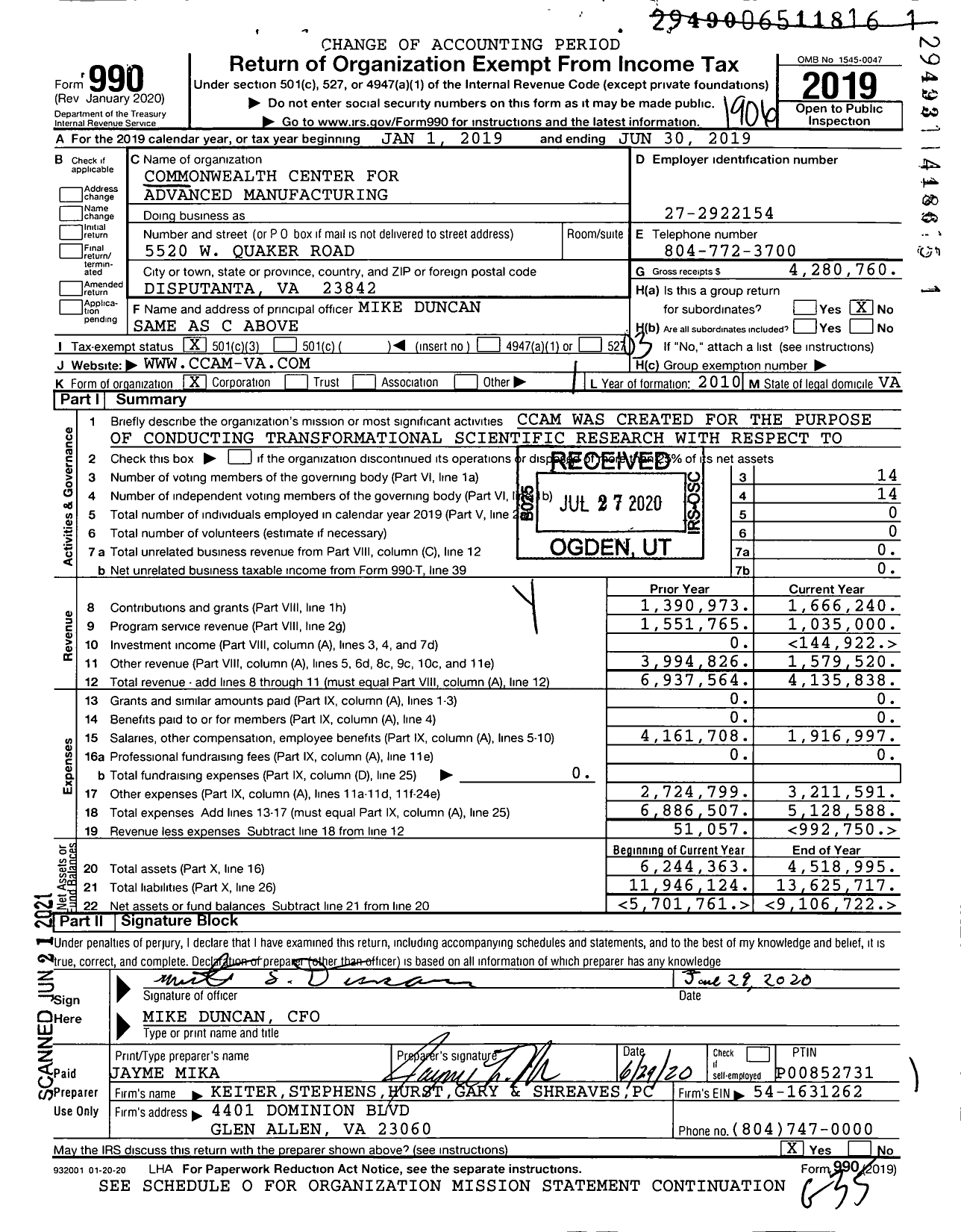 Image of first page of 2018 Form 990 for Commonwealth Center for Advanced Manufacturing (CCAM)