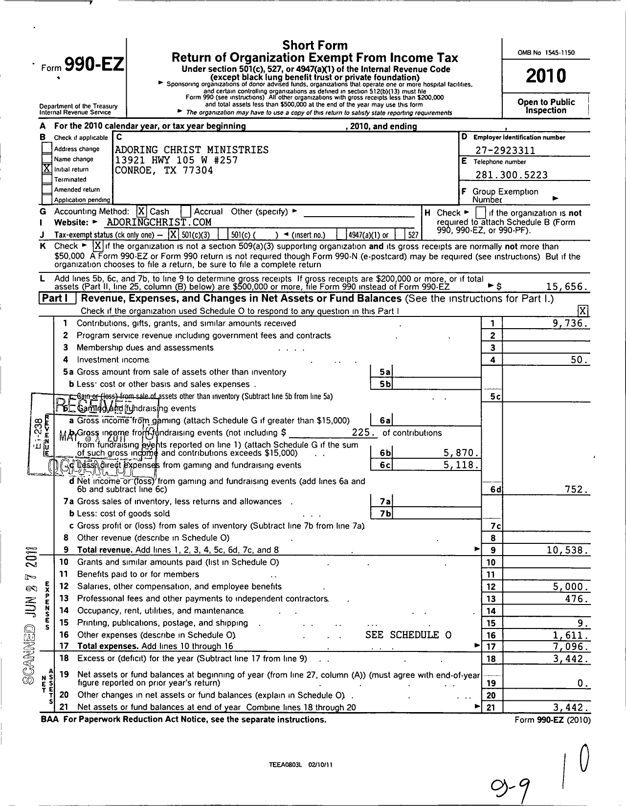 Image of first page of 2010 Form 990EZ for Adoring Christ Ministries