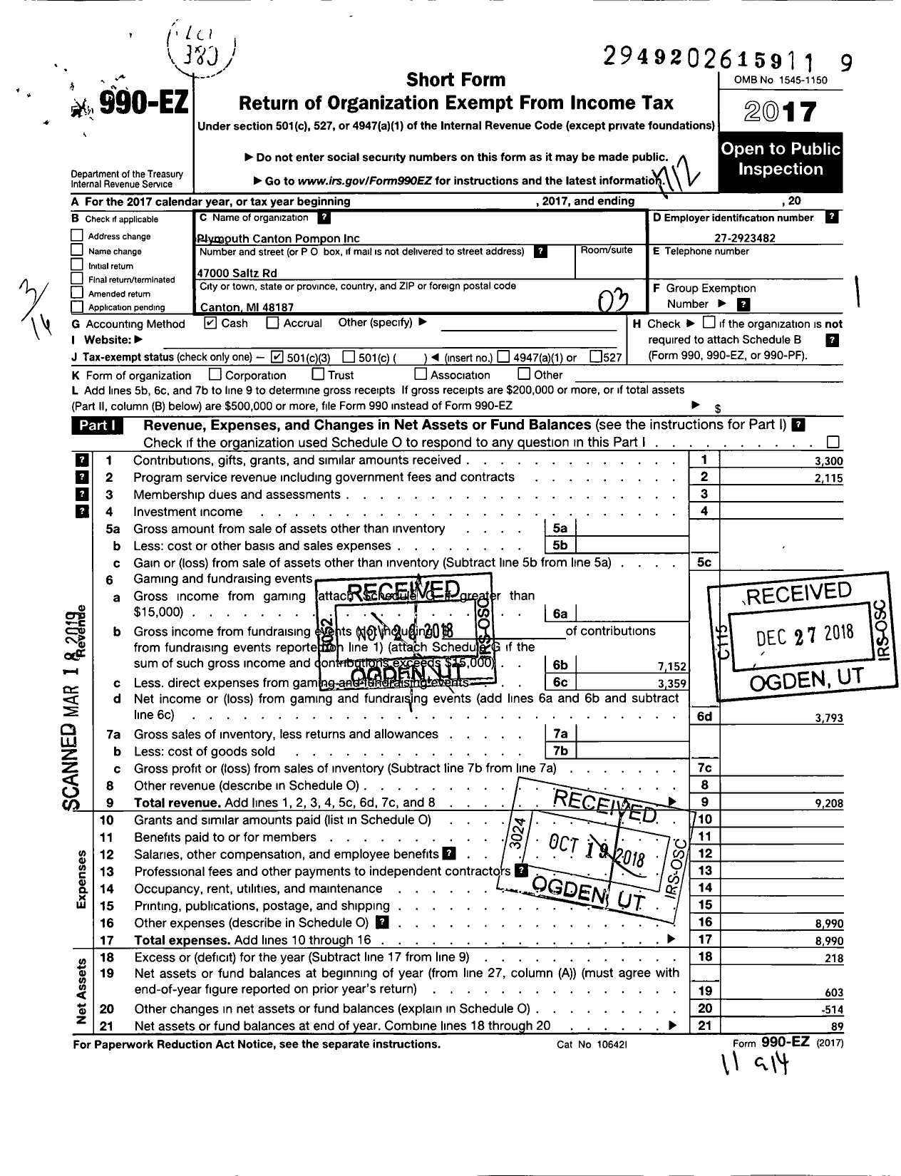 Image of first page of 2017 Form 990EZ for Plymouth Canton Pompon