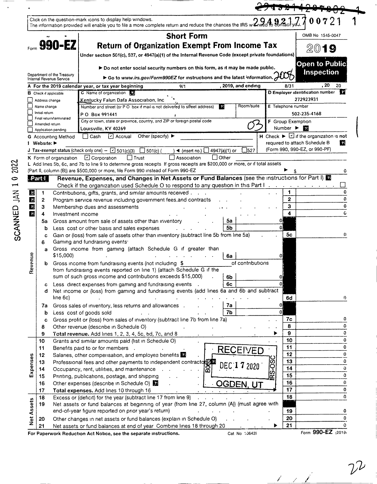 Image of first page of 2019 Form 990EZ for Kentucky Falun Dafa Association