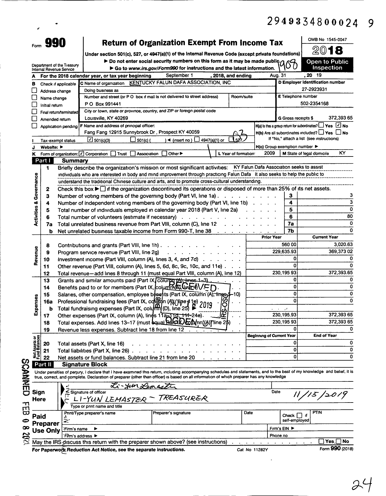 Image of first page of 2018 Form 990 for Kentucky Falun Dafa Association