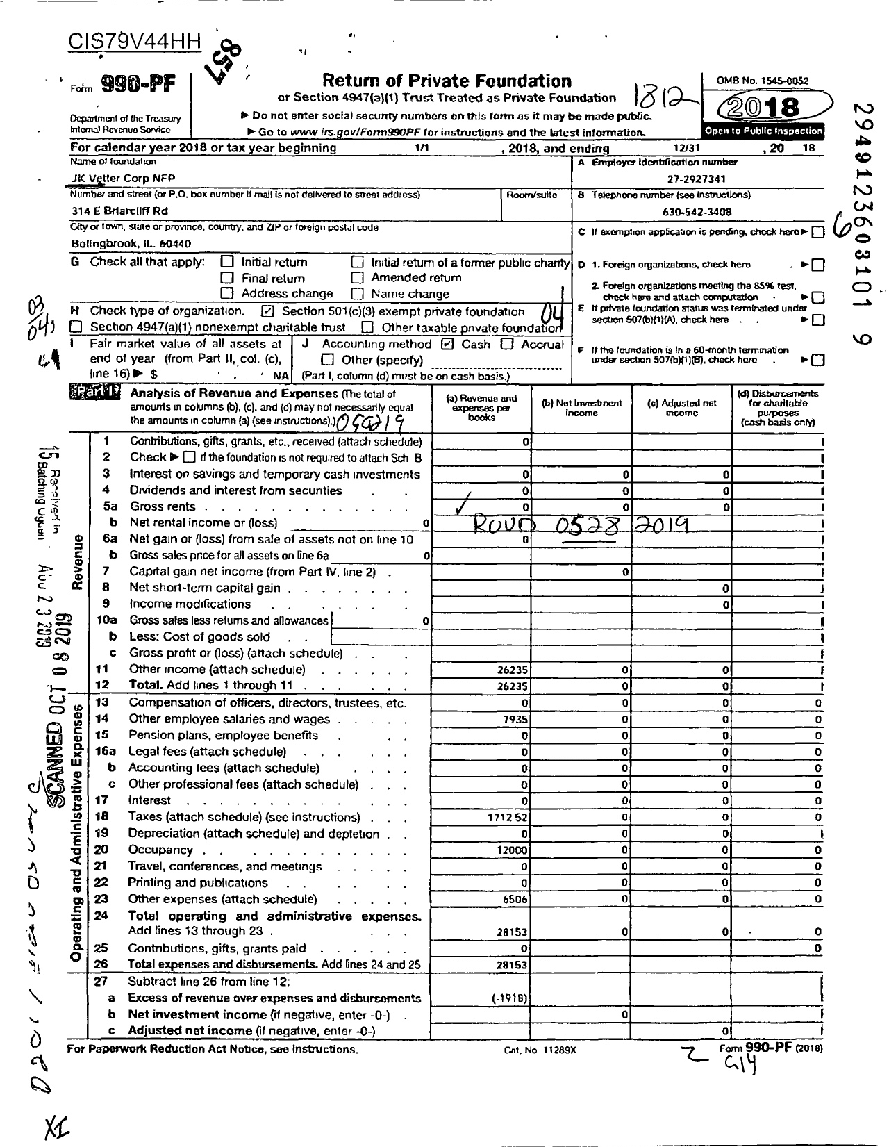 Image of first page of 2018 Form 990PF for JK Vetter Corp NFP