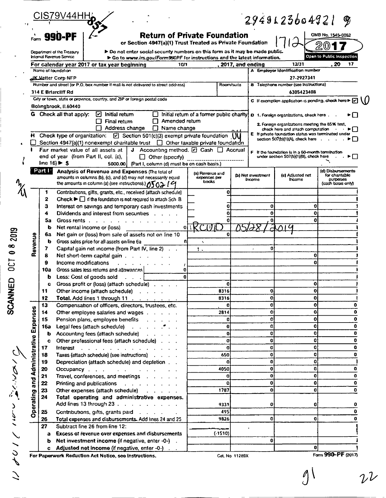 Image of first page of 2017 Form 990PF for JK Vetter Corp NFP