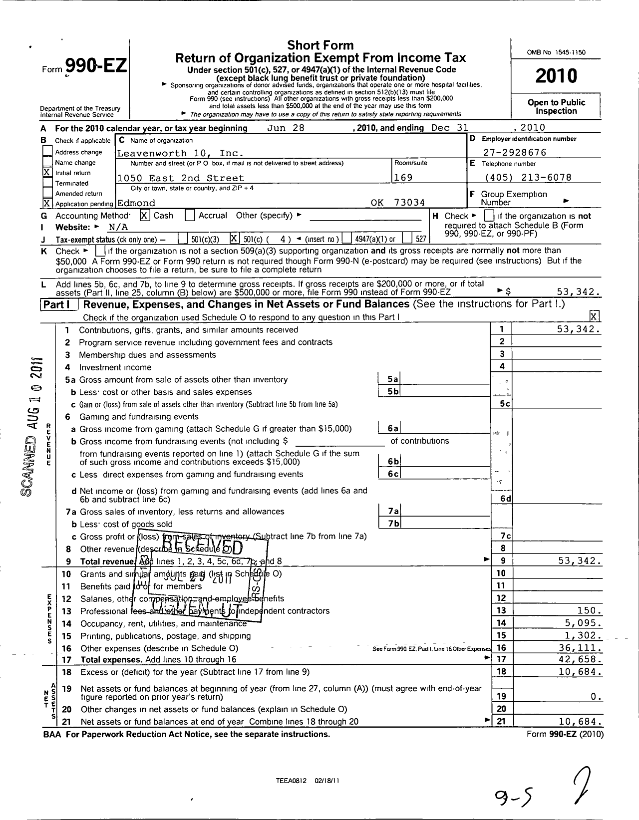 Image of first page of 2010 Form 990EO for Leavenworth 10