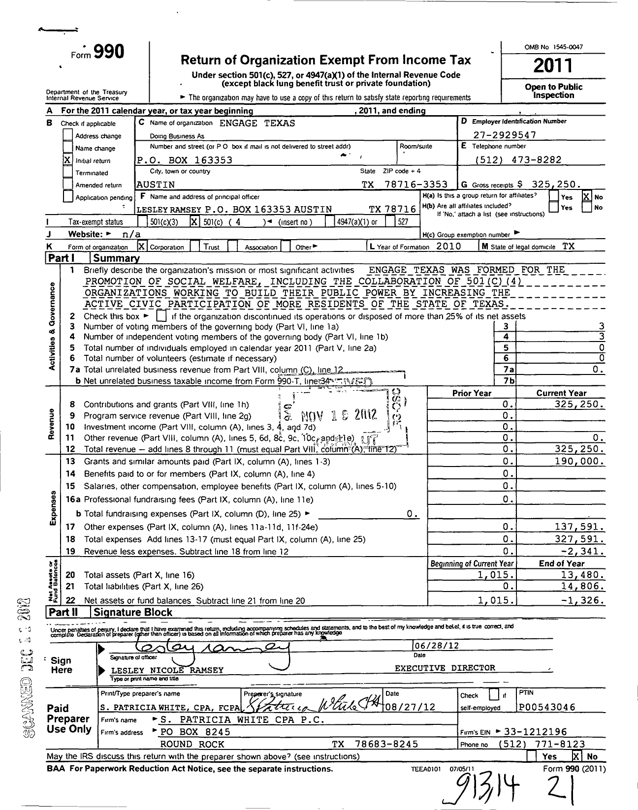 Image of first page of 2011 Form 990O for Engage Texas