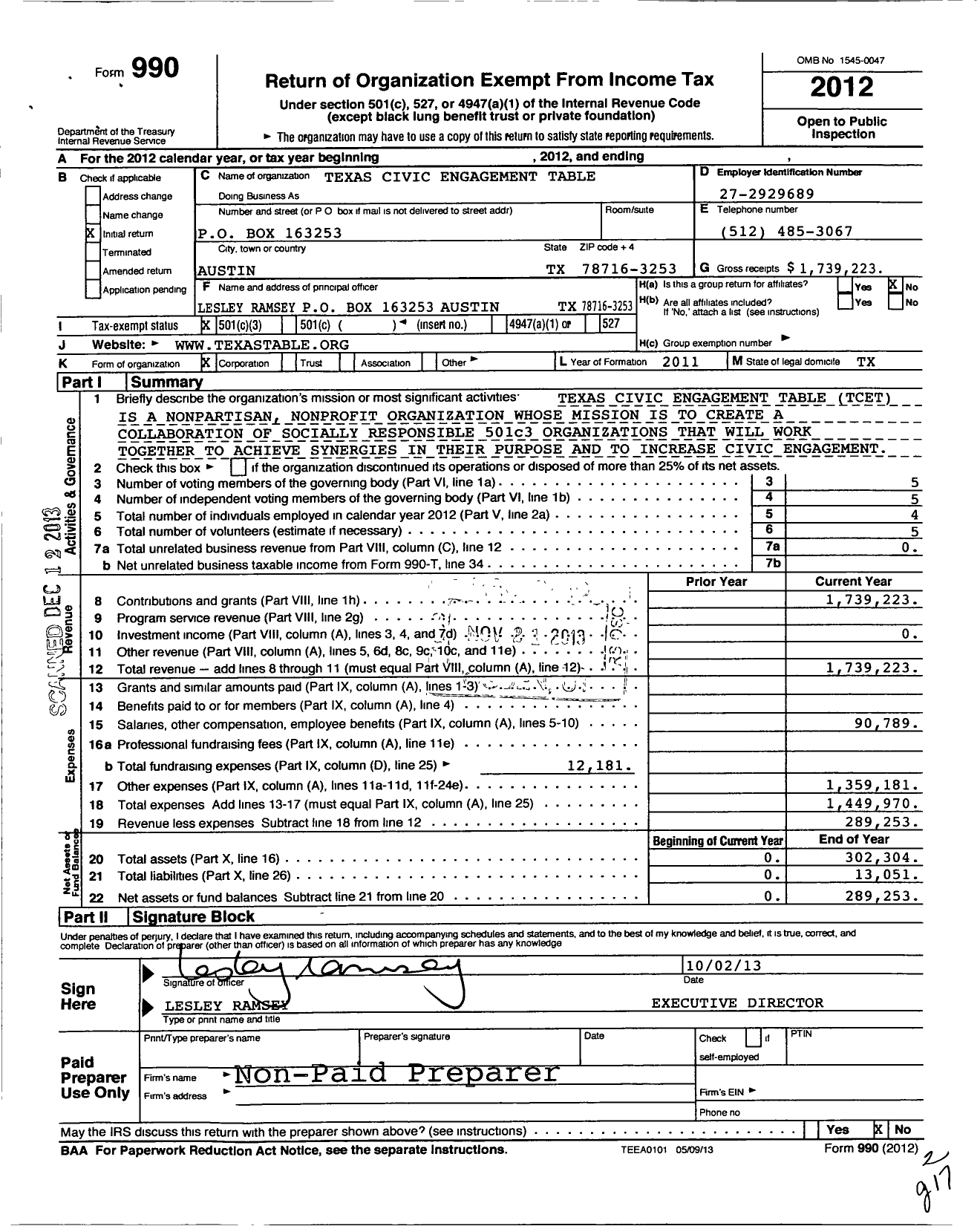 Image of first page of 2012 Form 990 for Texas Civic Engagement Table