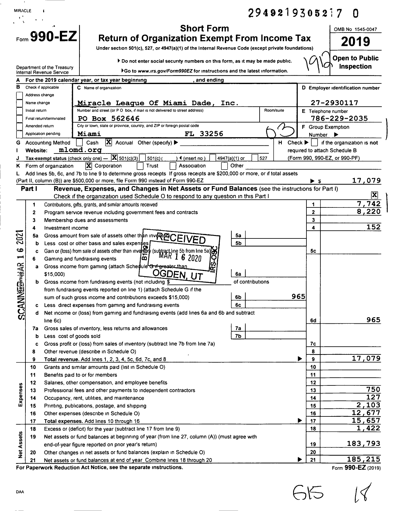 Image of first page of 2019 Form 990EZ for Miracle League of Miami Dade