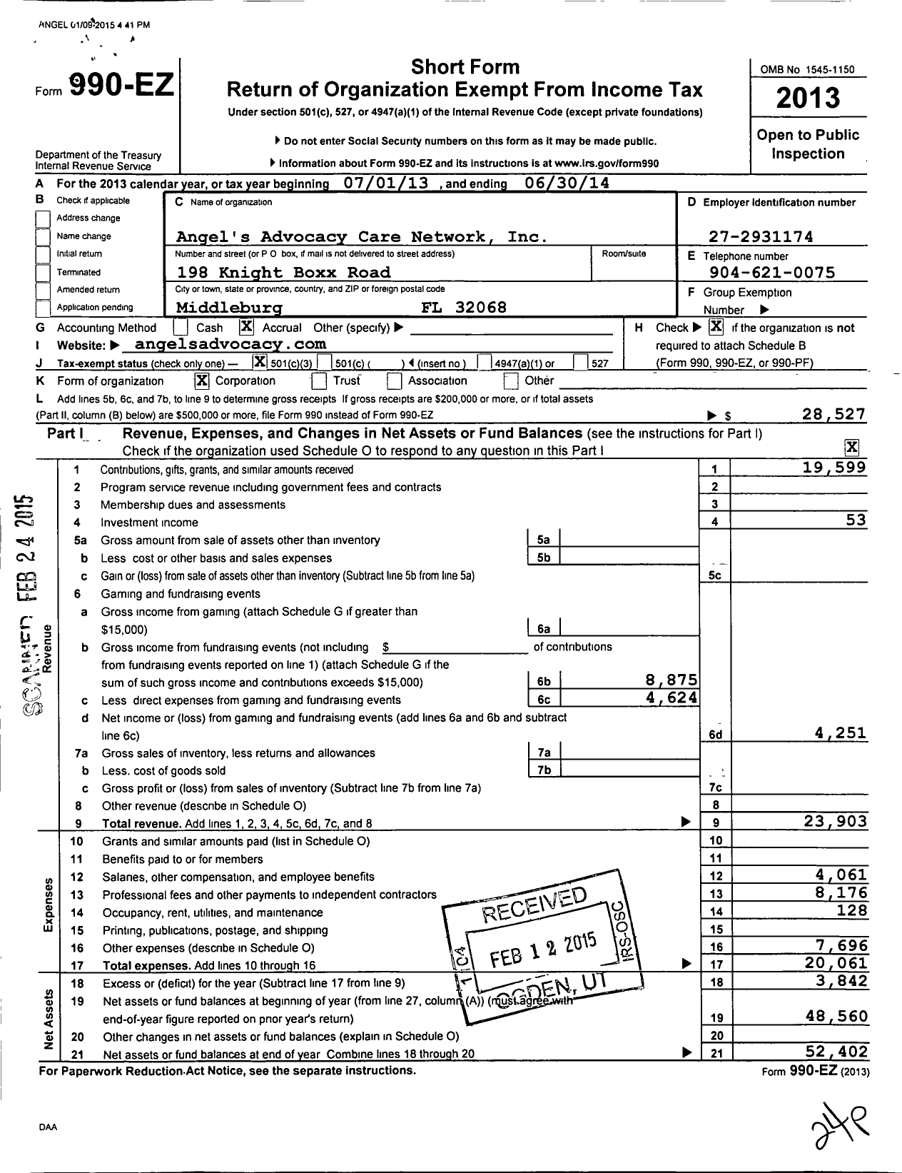 Image of first page of 2013 Form 990EZ for Angel's Advocacy Care Network