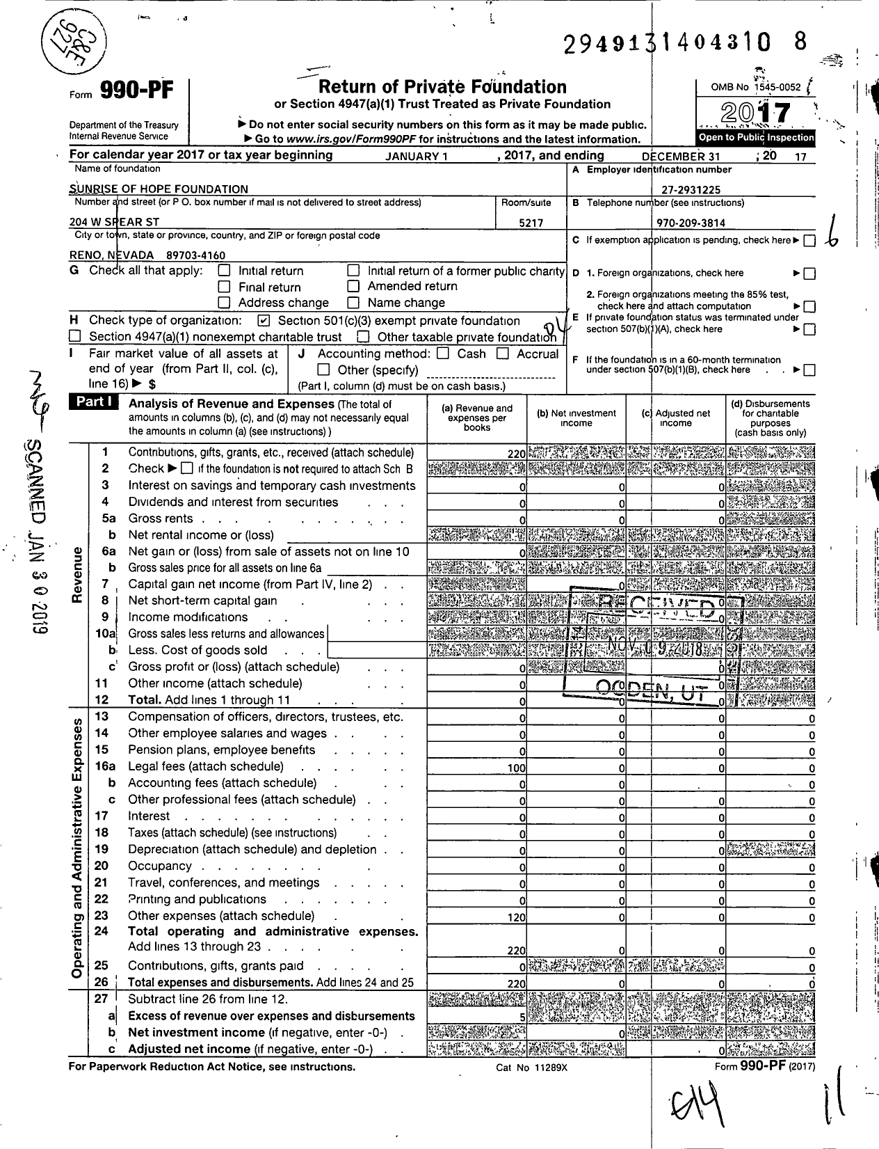 Image of first page of 2017 Form 990PF for Sunrise of Hope Foundation