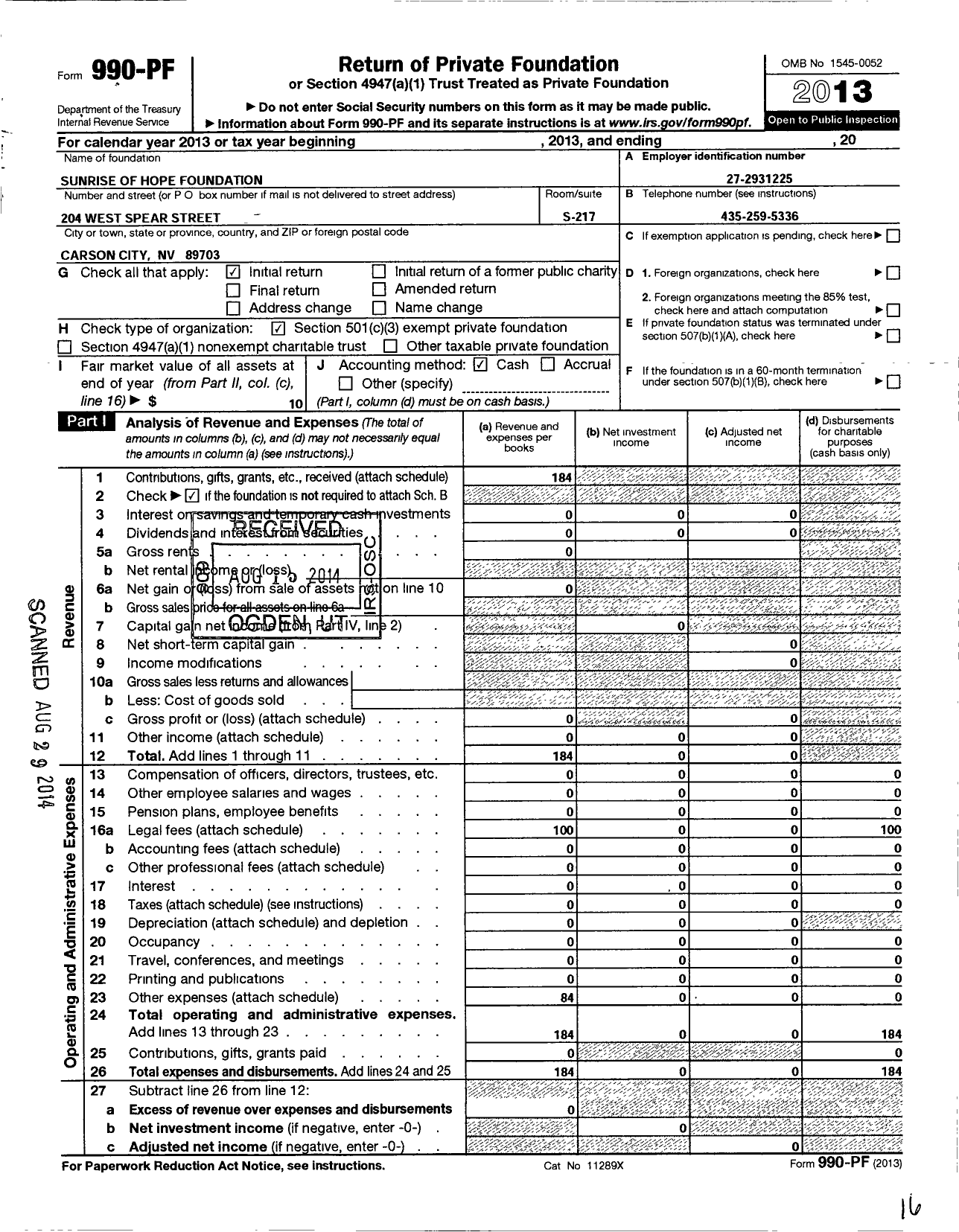 Image of first page of 2013 Form 990PF for Sunrise of Hope Foundation