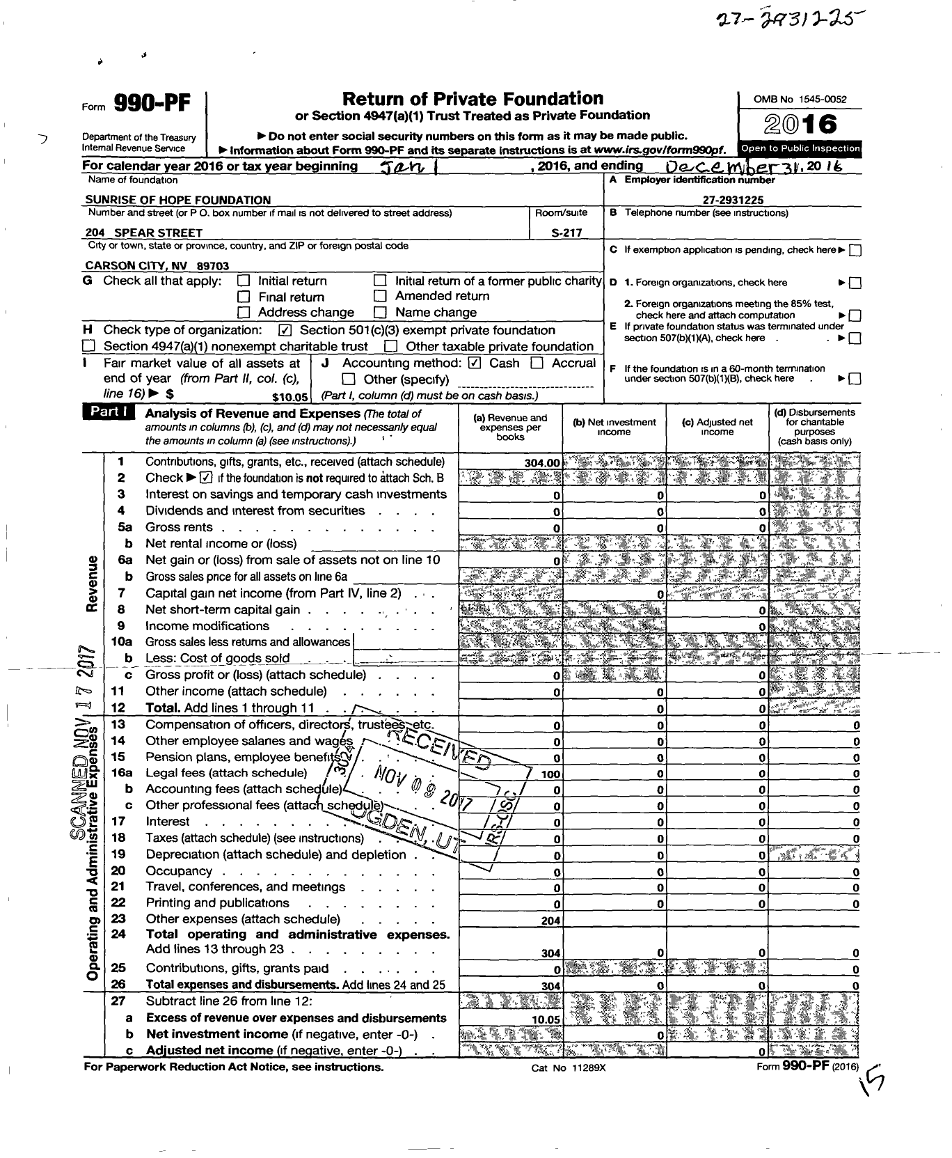 Image of first page of 2016 Form 990PF for Sunrise of Hope Foundation