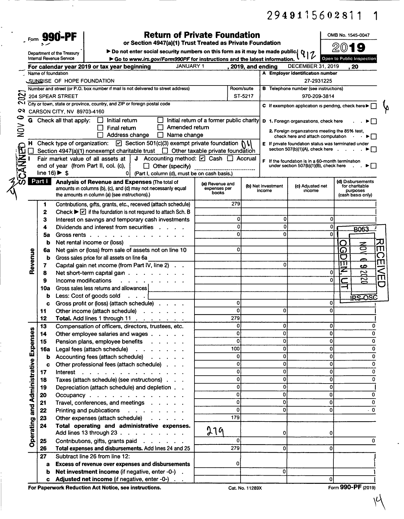 Image of first page of 2019 Form 990PF for Sunrise of Hope Foundation