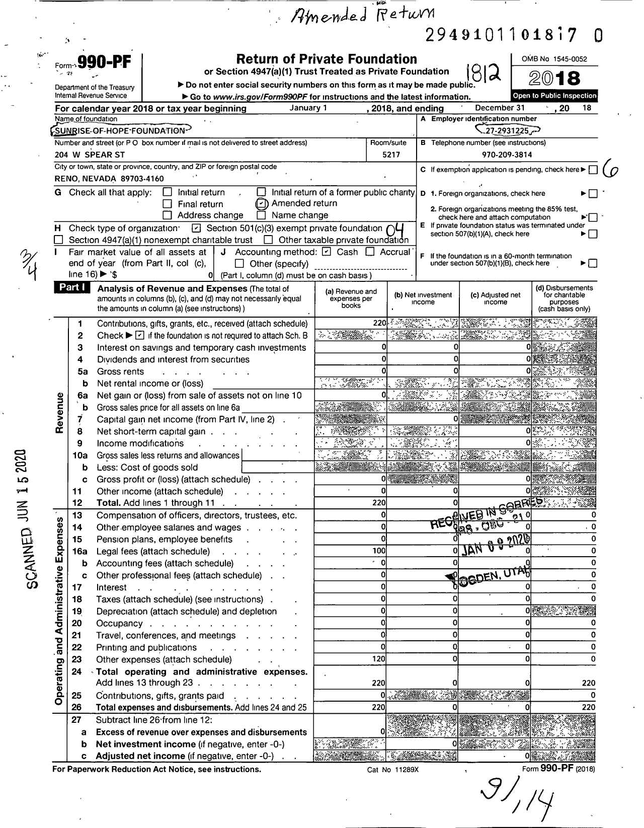 Image of first page of 2018 Form 990PR for Sunrise of Hope Foundation