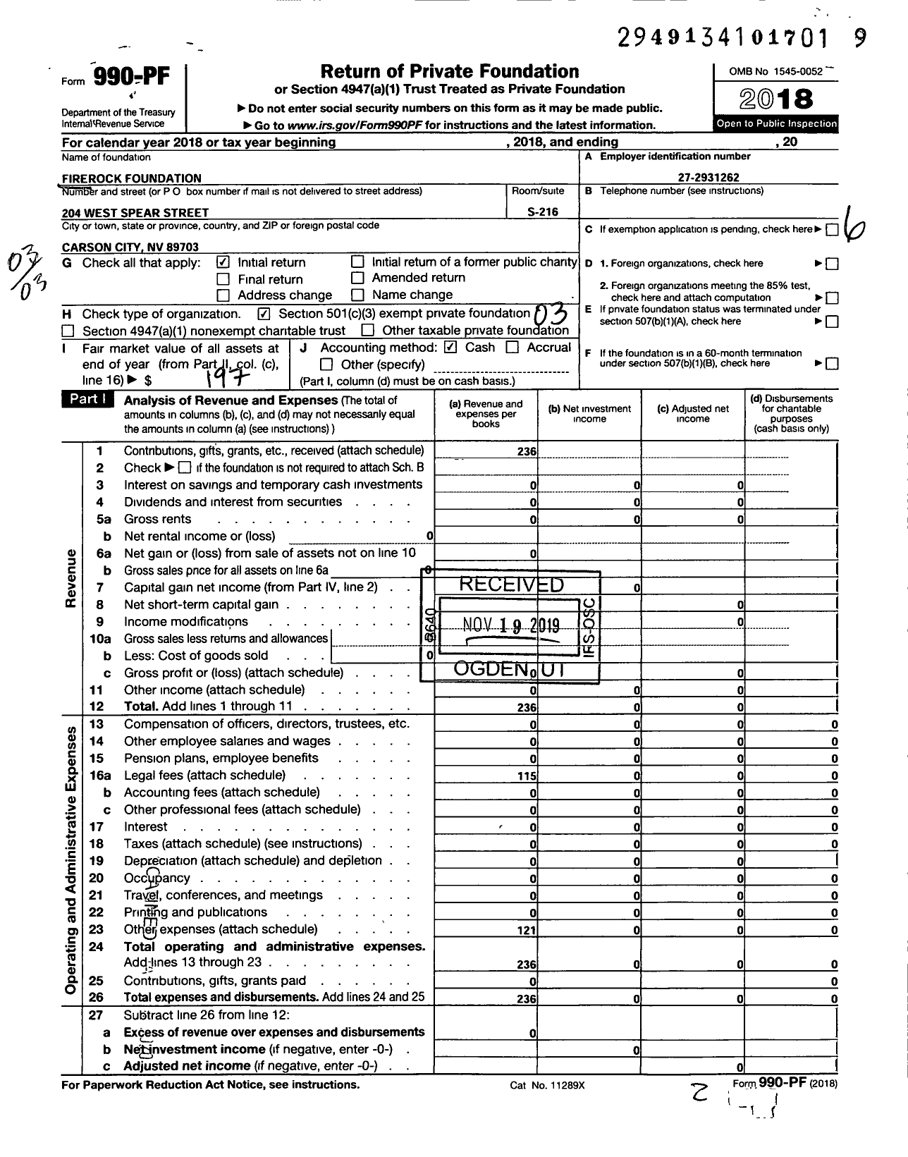 Image of first page of 2018 Form 990PF for Firerock Foundation