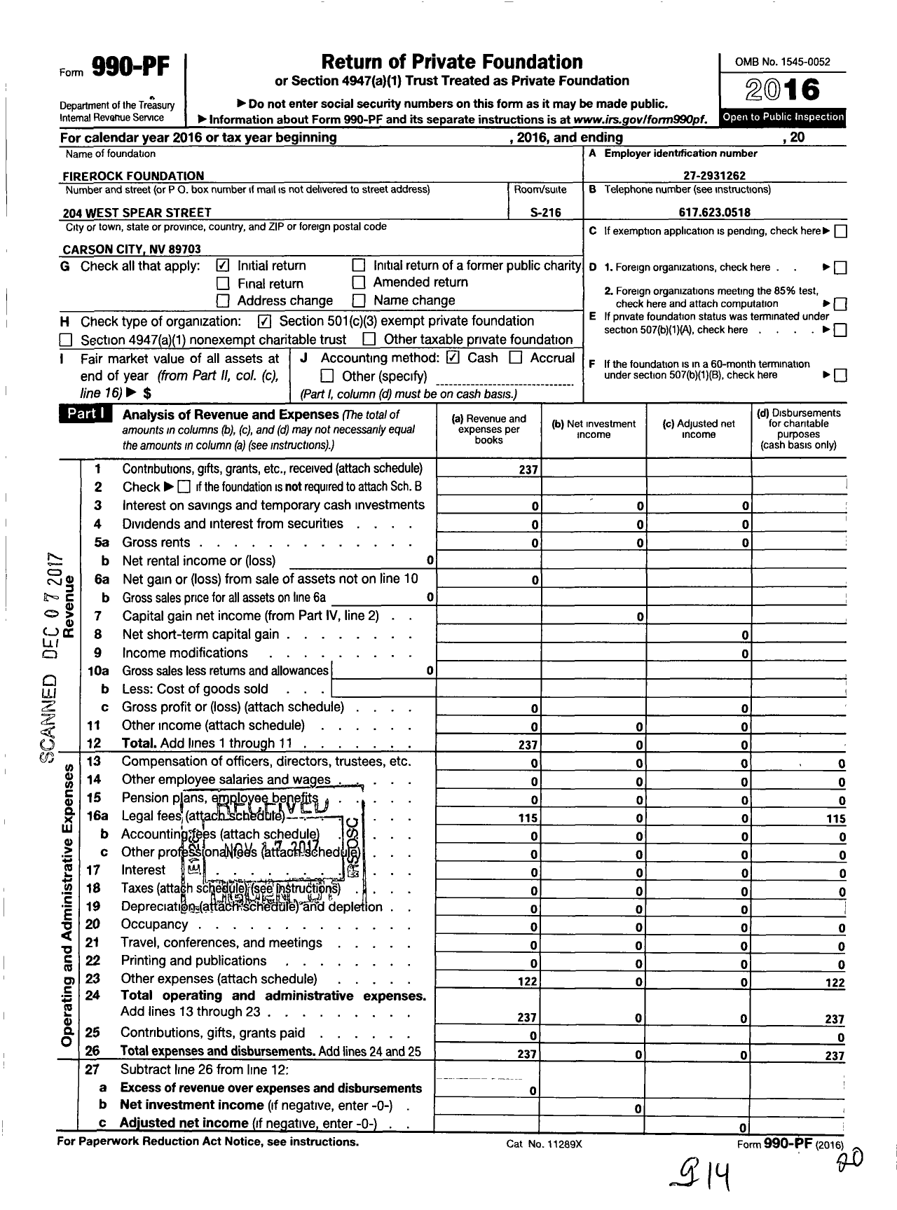 Image of first page of 2016 Form 990PF for Firerock Foundation