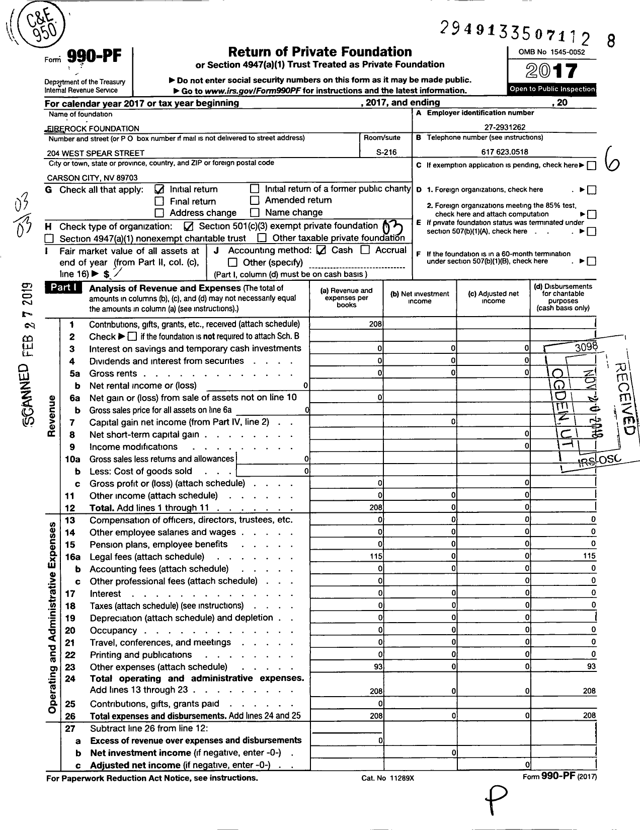 Image of first page of 2017 Form 990PF for Firerock Foundation