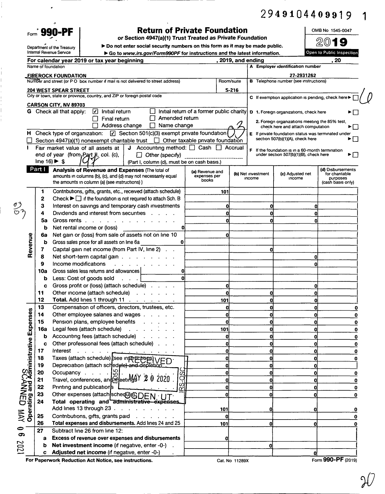 Image of first page of 2019 Form 990PF for Firerock Foundation