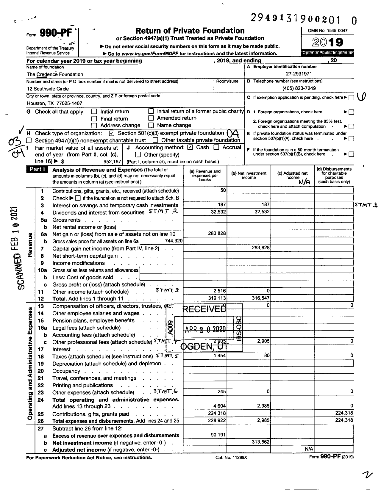 Image of first page of 2019 Form 990PF for The Credence Foundation