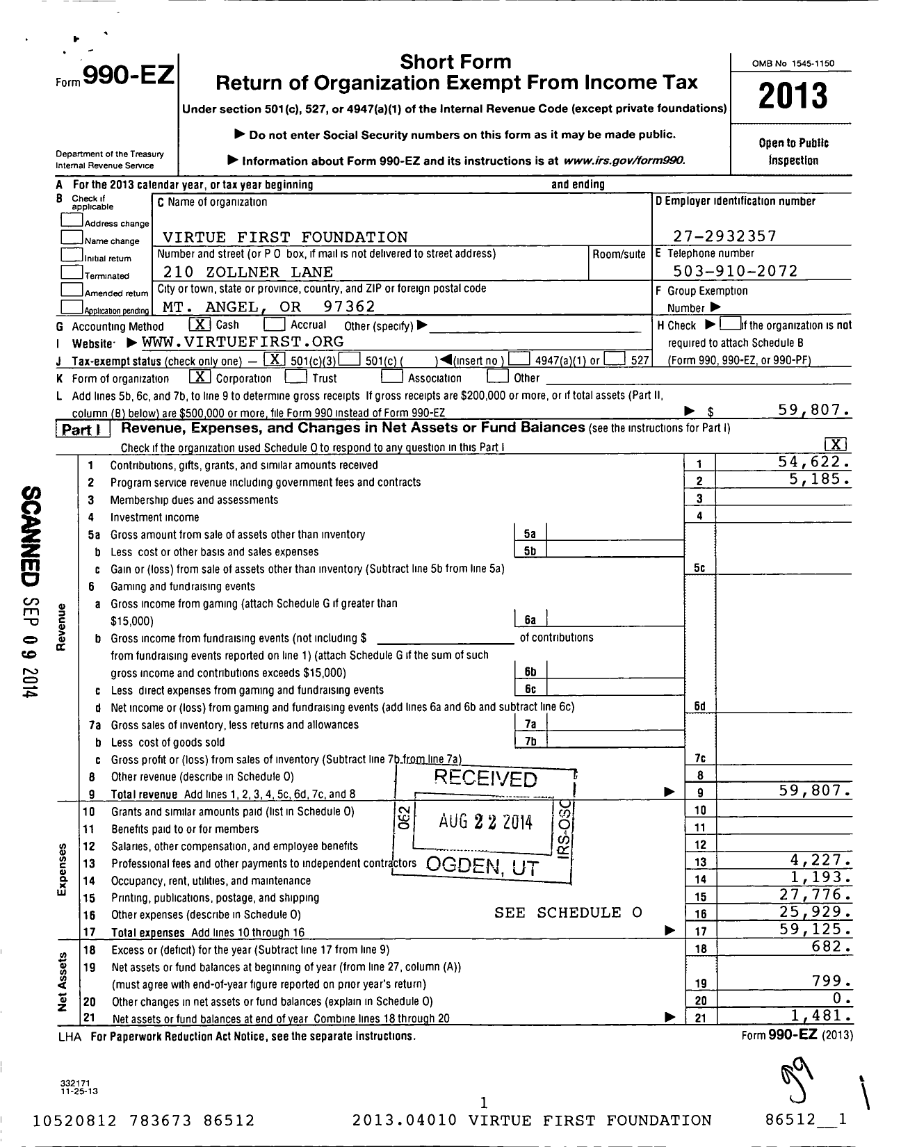 Image of first page of 2013 Form 990EZ for Virtue First Foundation