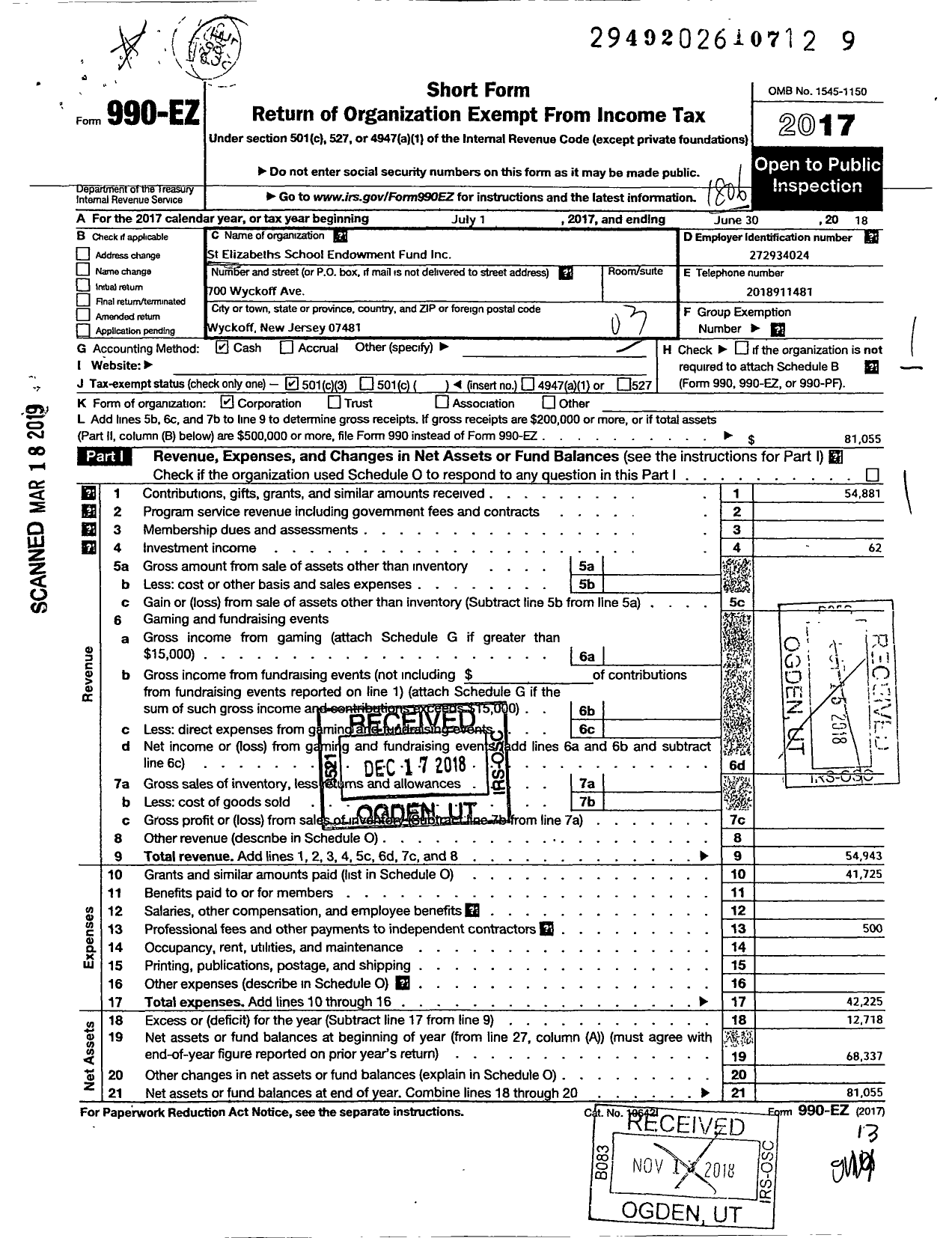 Image of first page of 2017 Form 990EZ for St Elizabeths School Endowment Find