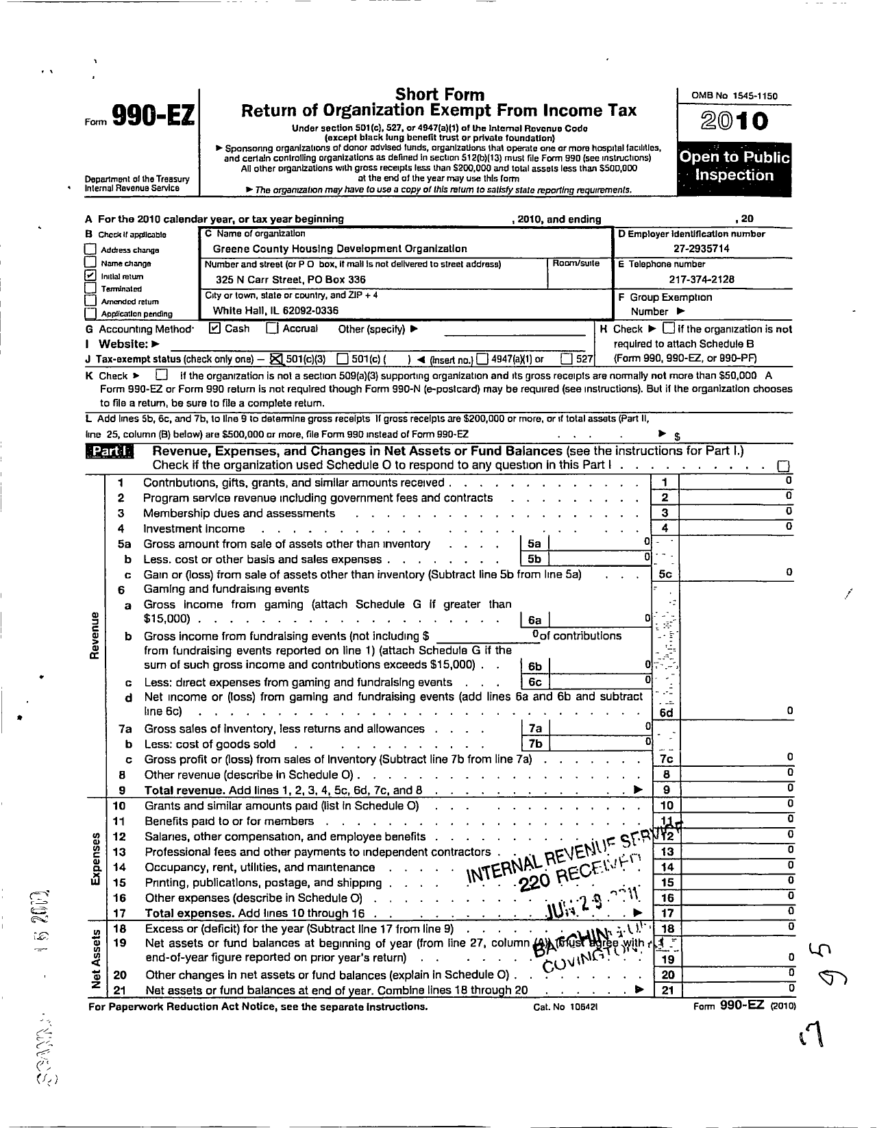 Image of first page of 2010 Form 990EZ for Greene County Housing Development Organization