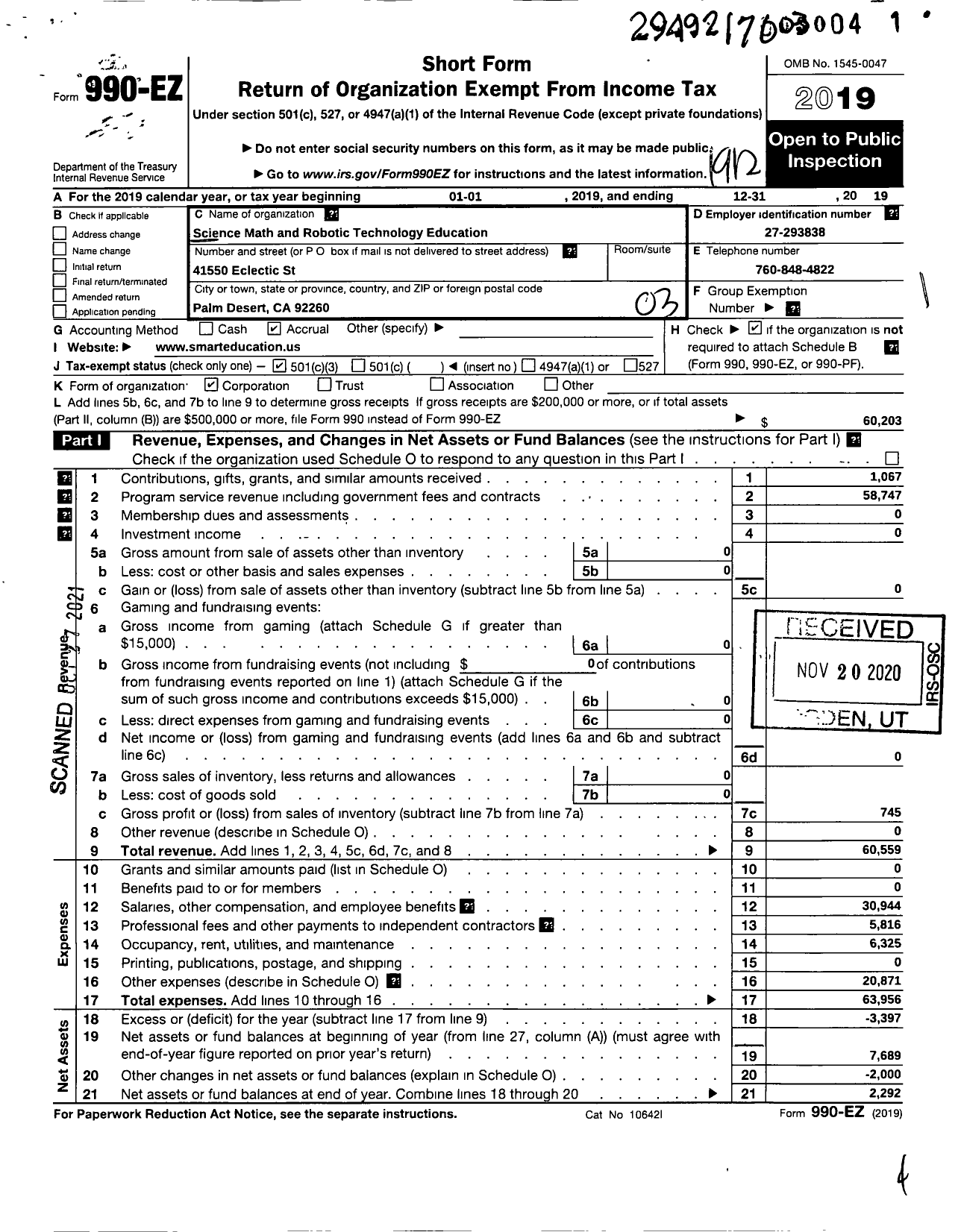 Image of first page of 2019 Form 990EZ for Science Math and Robotic Technology EDUCATION