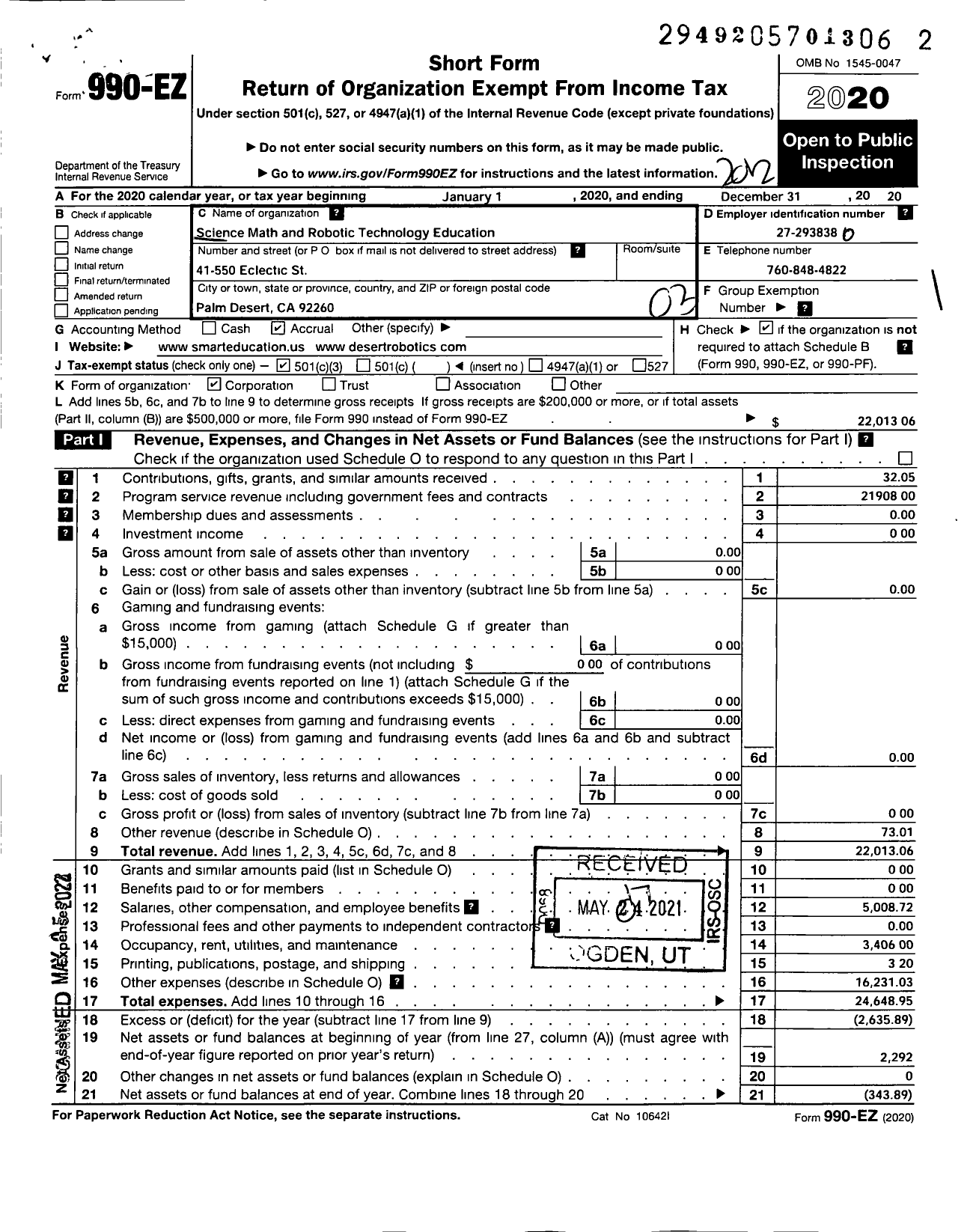 Image of first page of 2020 Form 990EZ for Science Math and Robotic Technology EDUCATION