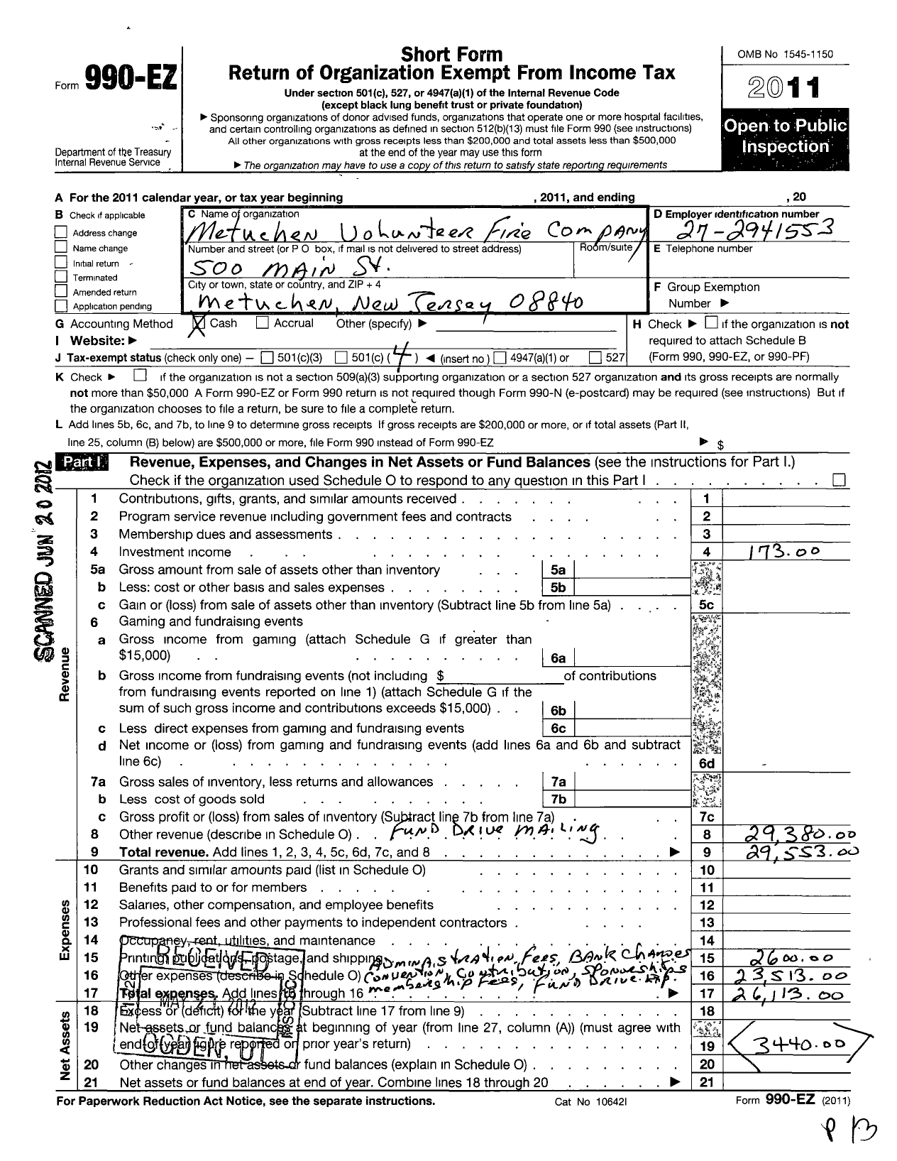 Image of first page of 2011 Form 990EO for Metuchen Volunteer Fire Company