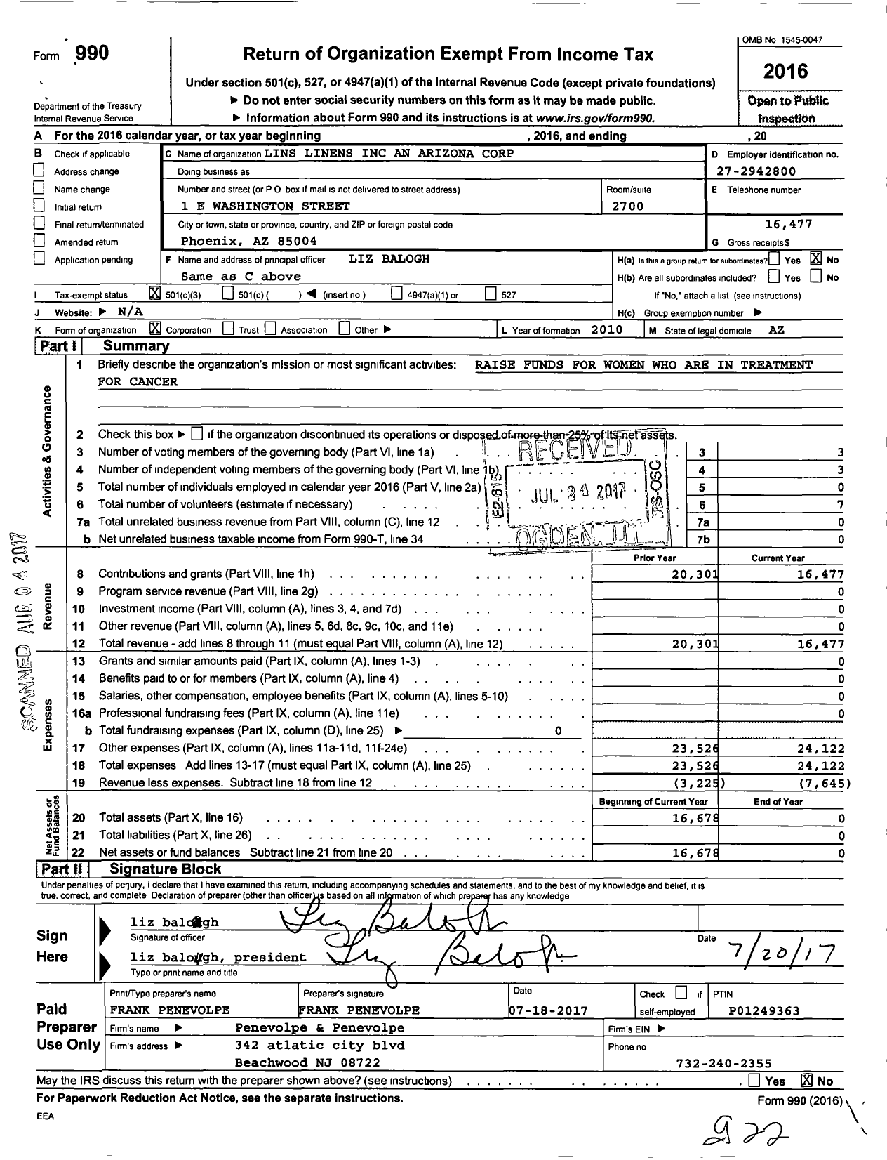 Image of first page of 2016 Form 990 for Lins Linens