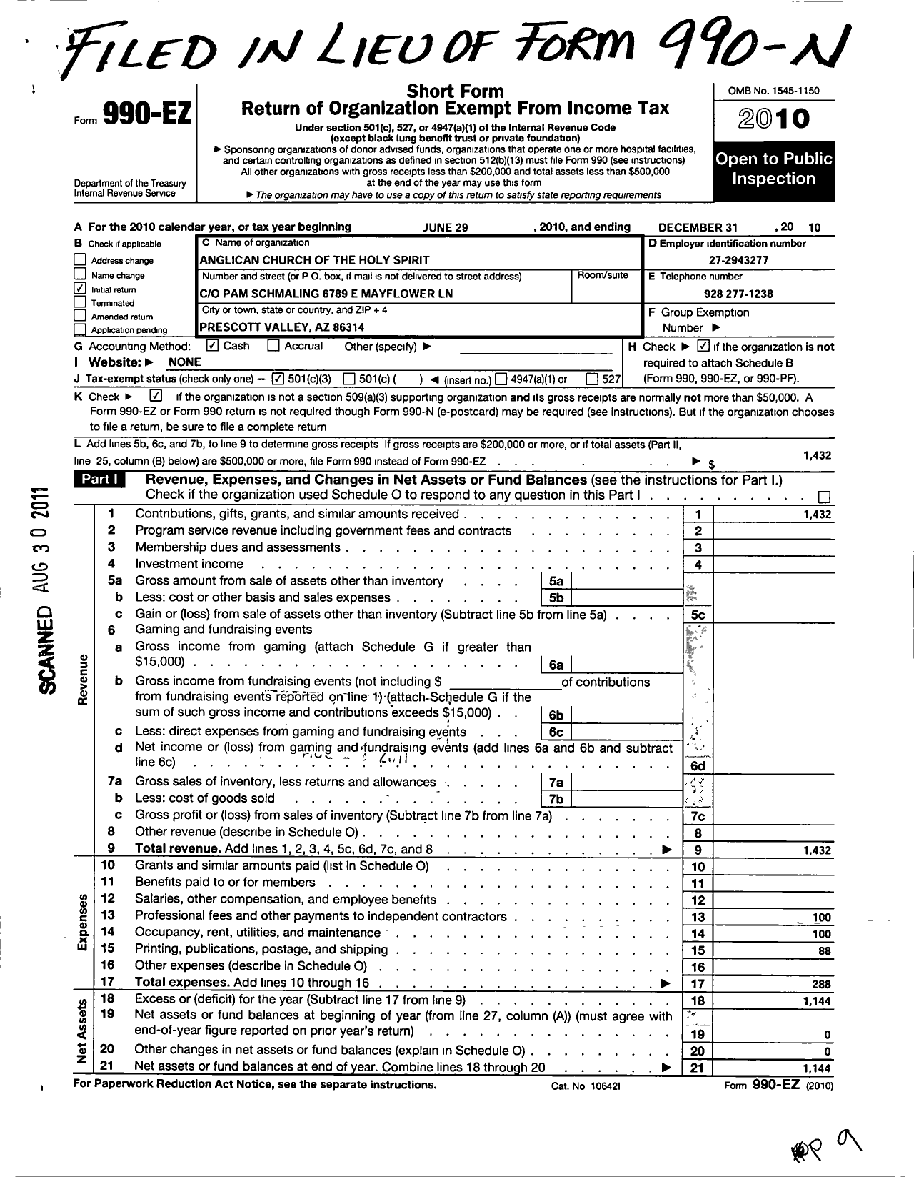 Image of first page of 2010 Form 990EZ for Anglican Church of the Holy Spirit