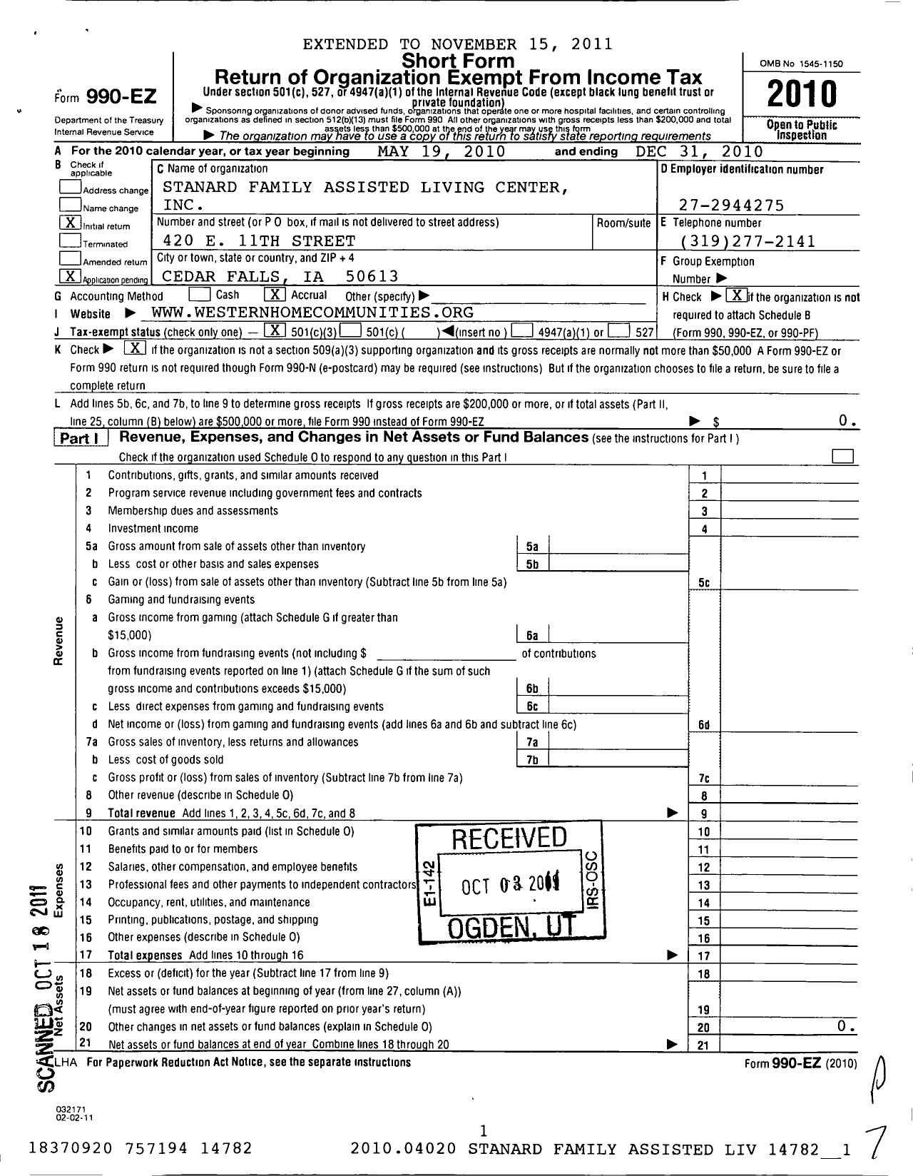 Image of first page of 2010 Form 990EZ for Stanard Family Assisted Living Center
