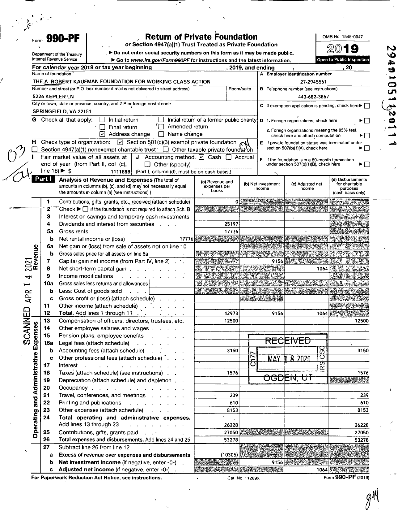 Image of first page of 2019 Form 990PF for The A Robert Kaufman Foundation for Working Class Action