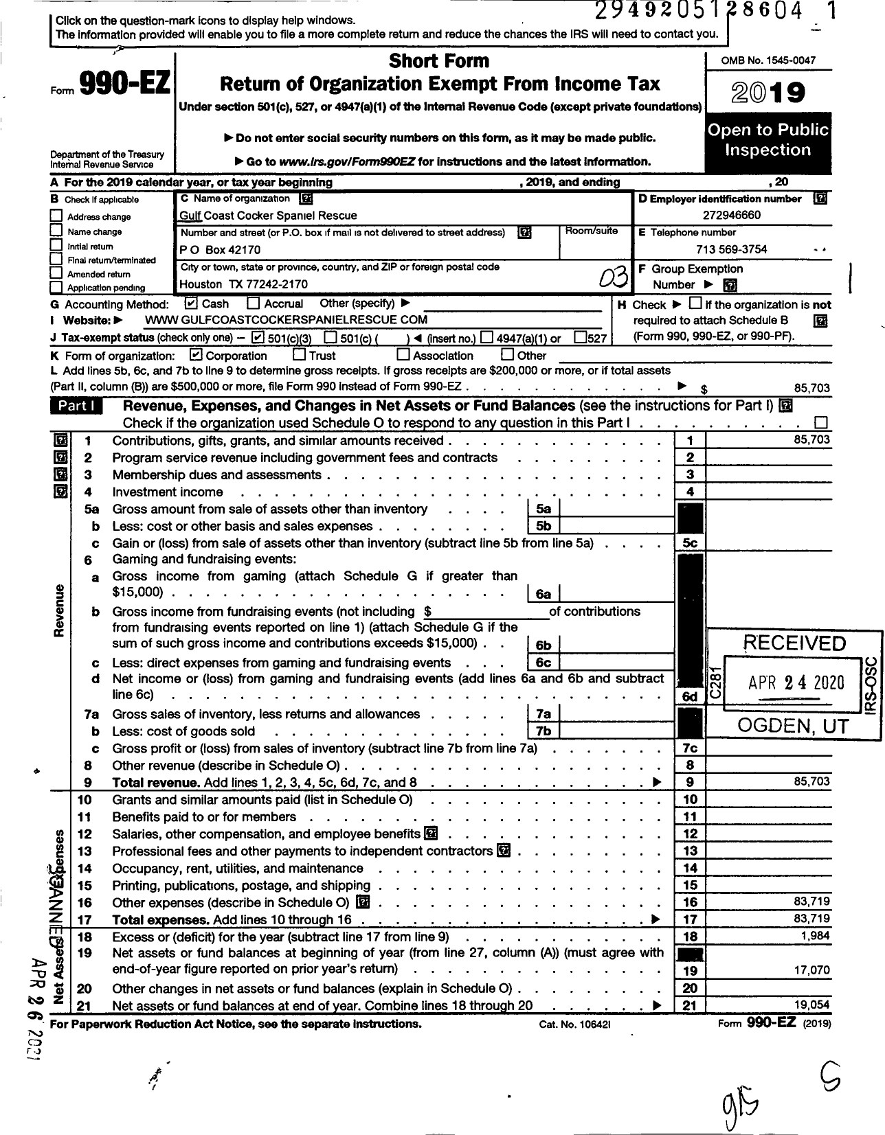 Image of first page of 2019 Form 990EZ for Gulf Coast Cocker Spaniel Rescue