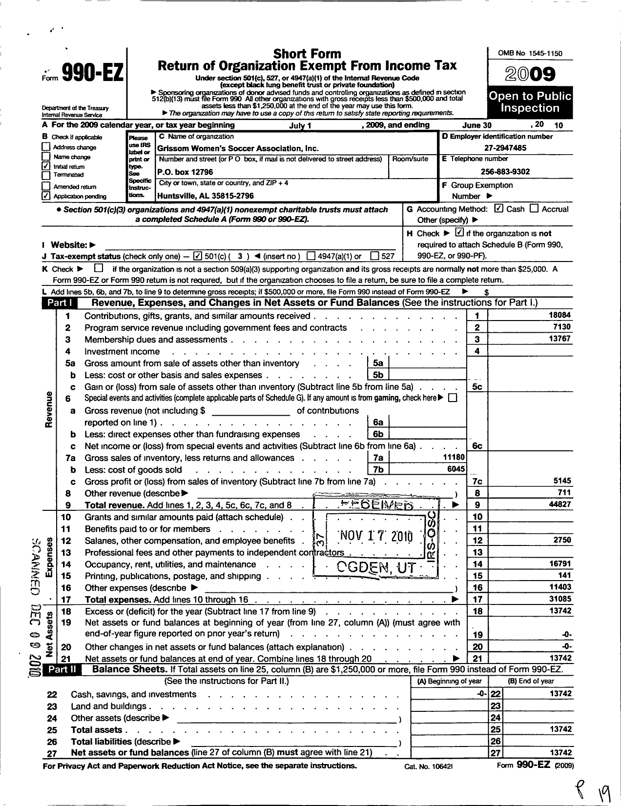 Image of first page of 2009 Form 990EZ for Grissom Womens Soccer Association