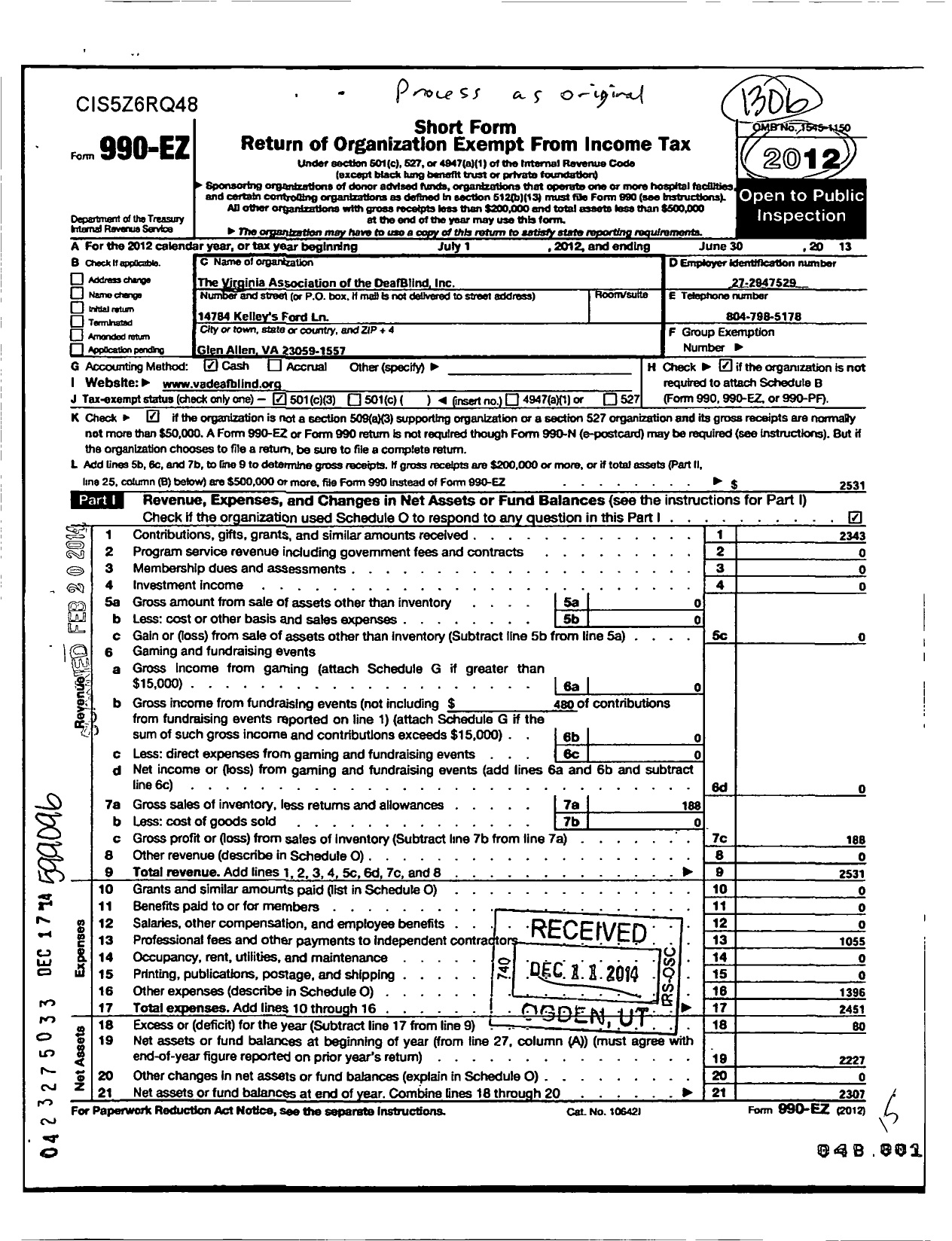 Image of first page of 2012 Form 990EZ for Virginia Association of the Deafblind