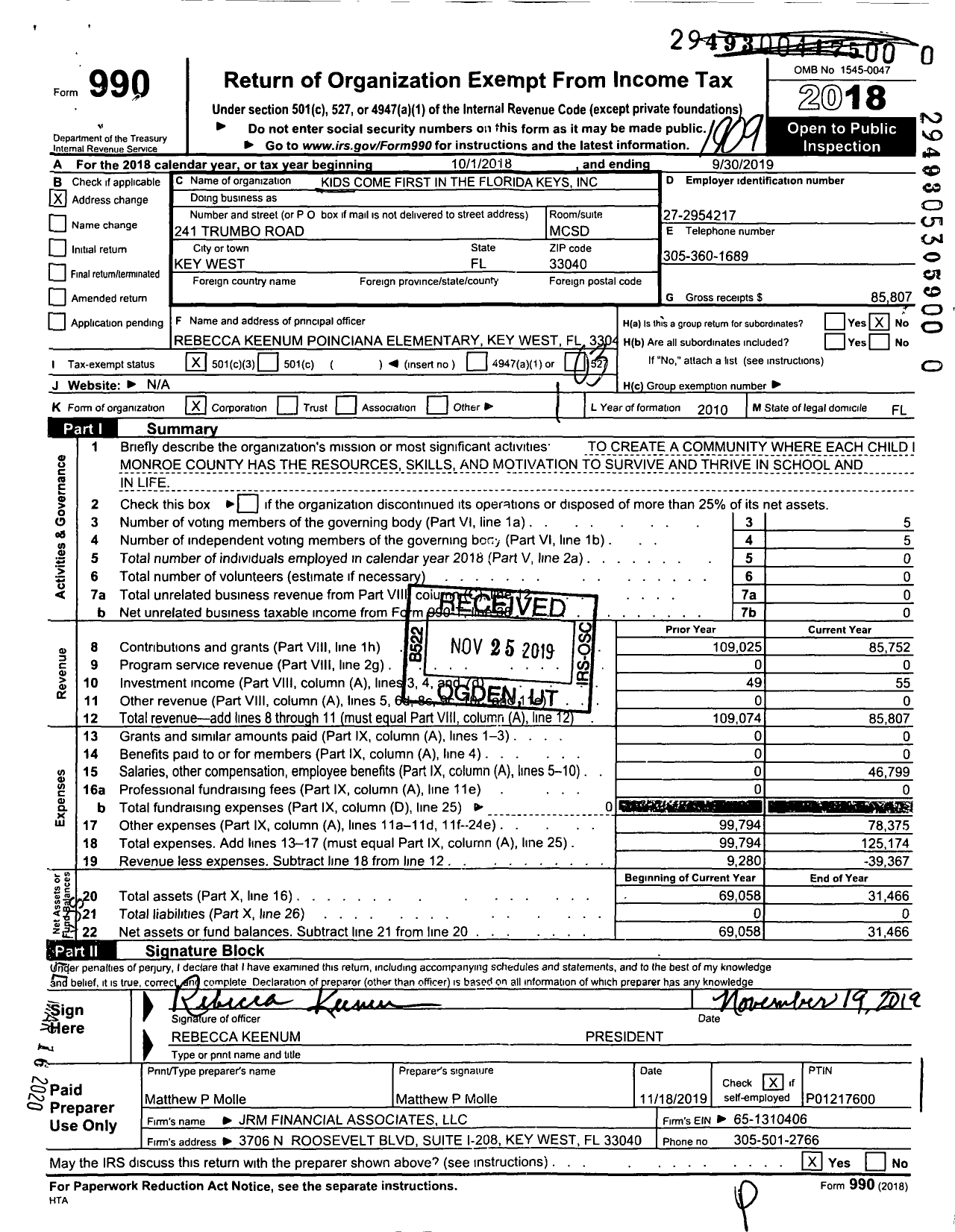 Image of first page of 2018 Form 990 for Kids Come First in the Florida Keys