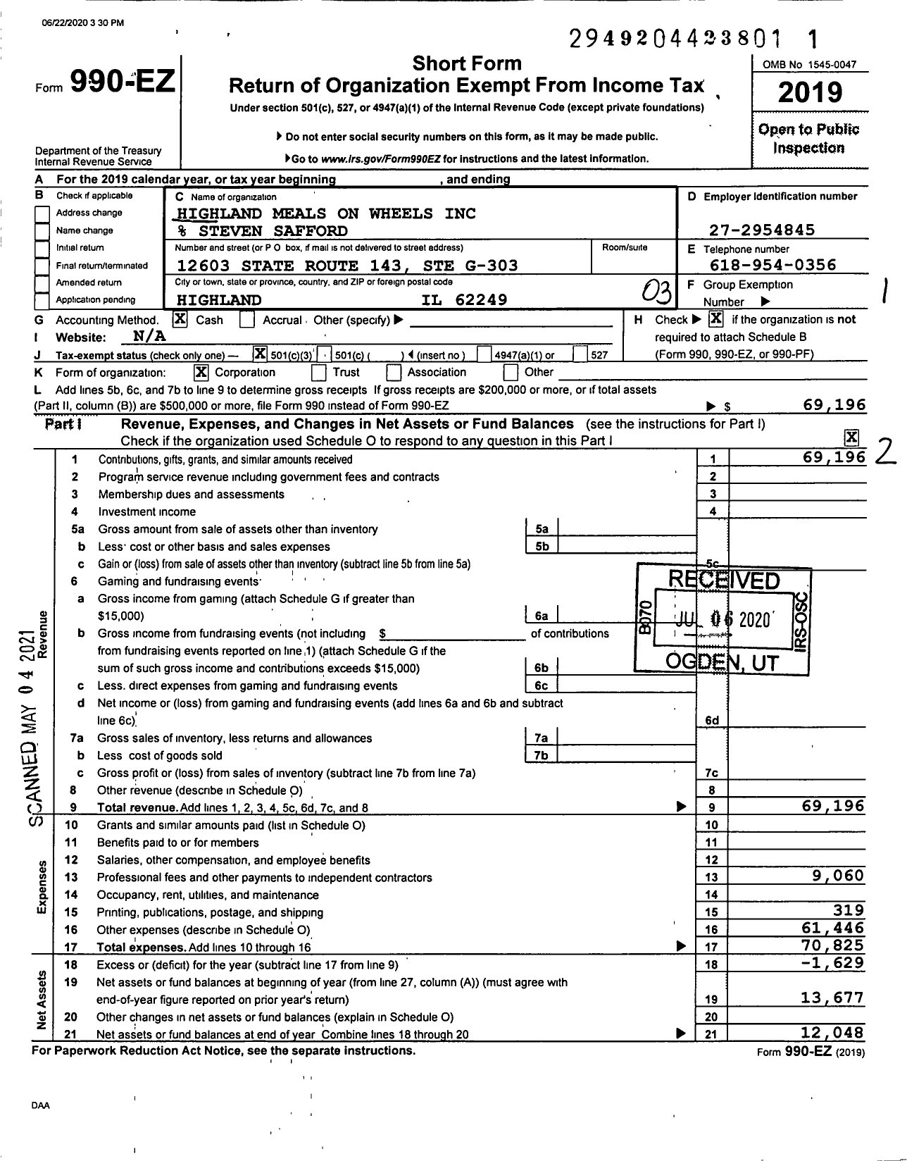 Image of first page of 2019 Form 990EZ for Highland Meals on Wheels