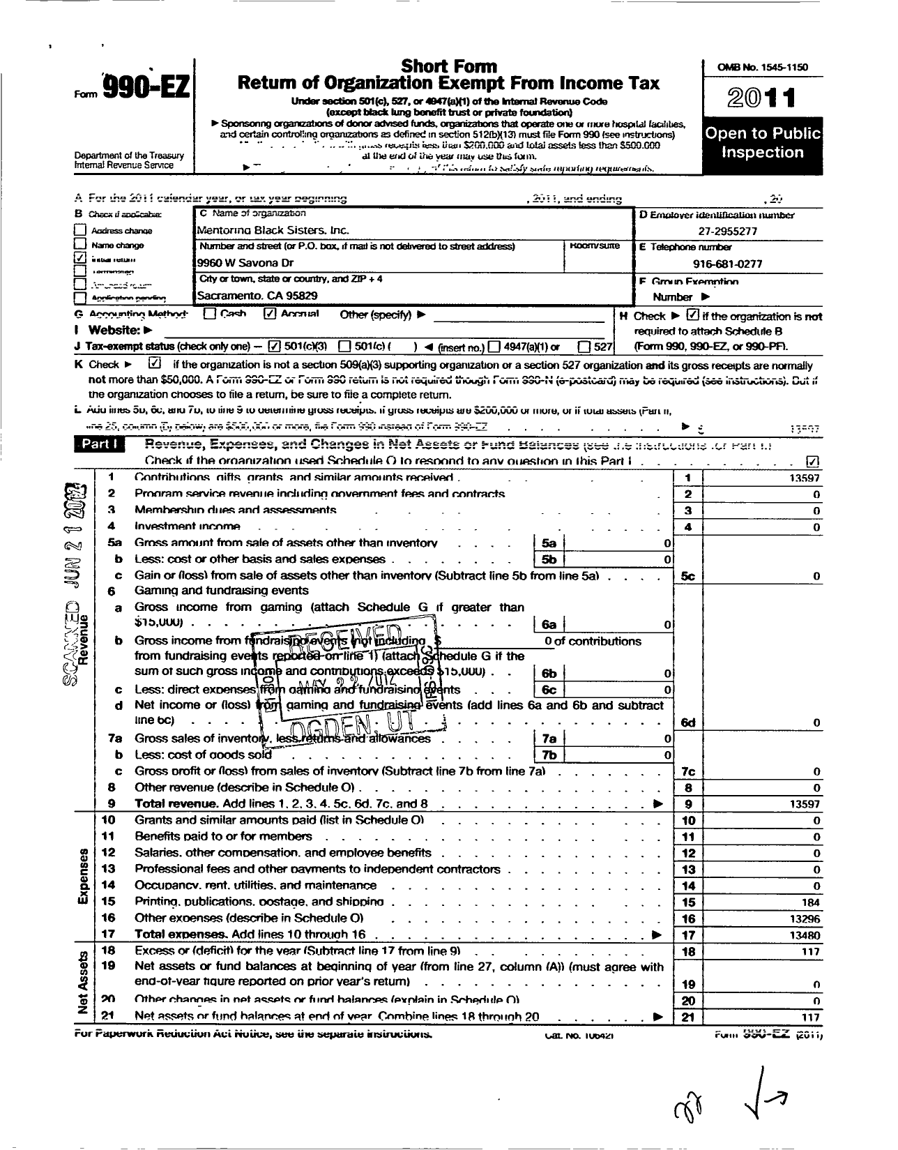 Image of first page of 2011 Form 990EZ for Mentoring Black Sisters