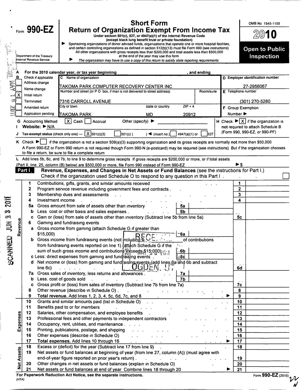 Image of first page of 2010 Form 990EZ for Takoma Park Computer Recovery Center