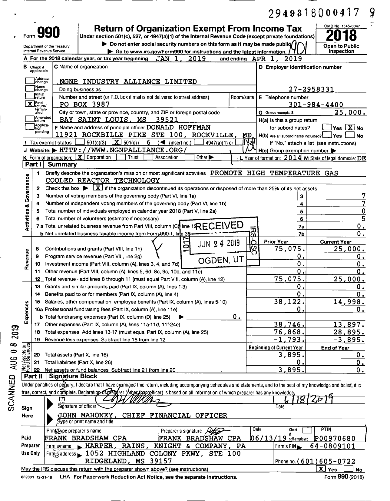 Image of first page of 2018 Form 990O for NGNP Industry Alliance Limited