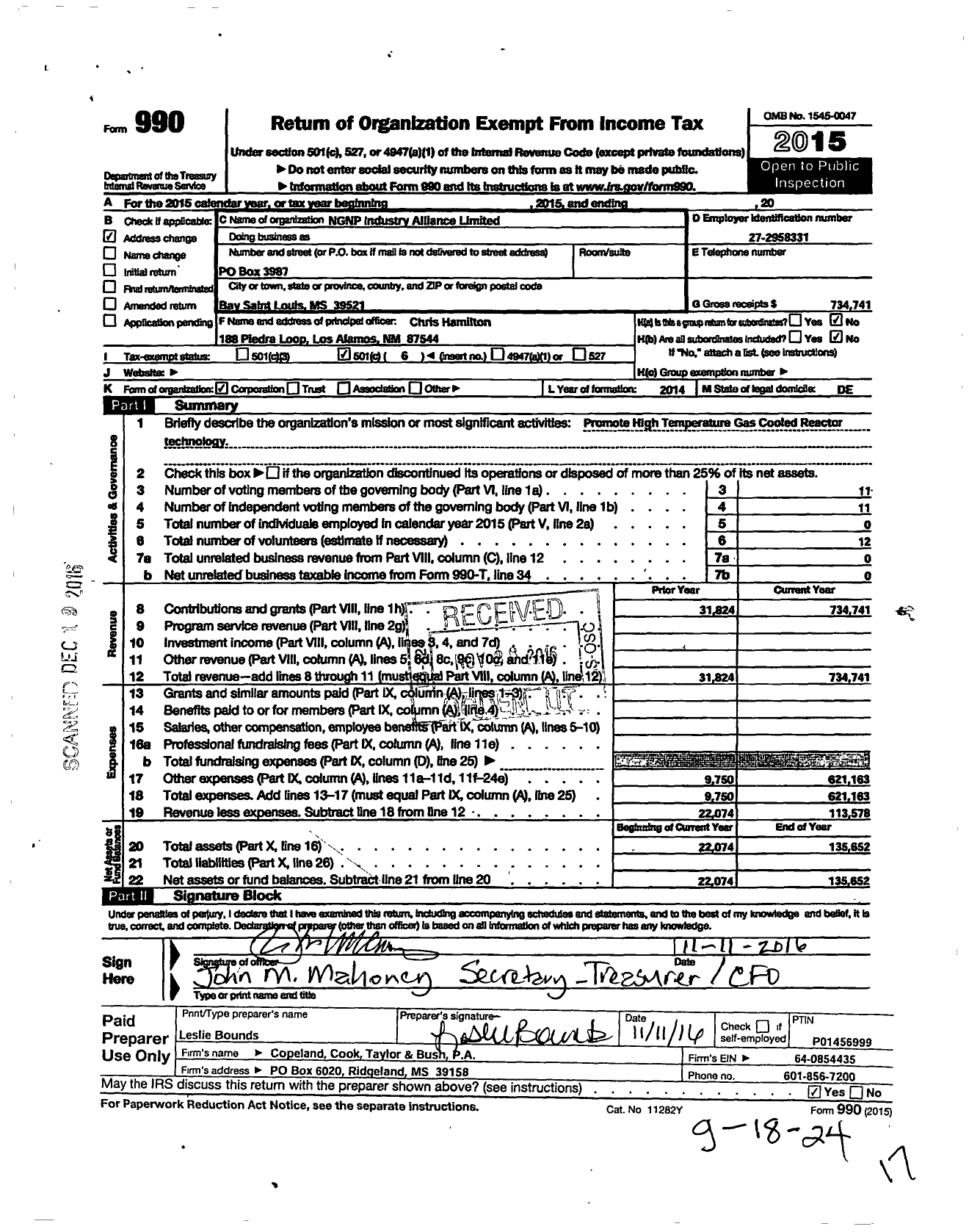 Image of first page of 2015 Form 990O for NGNP Industry Alliance Limited