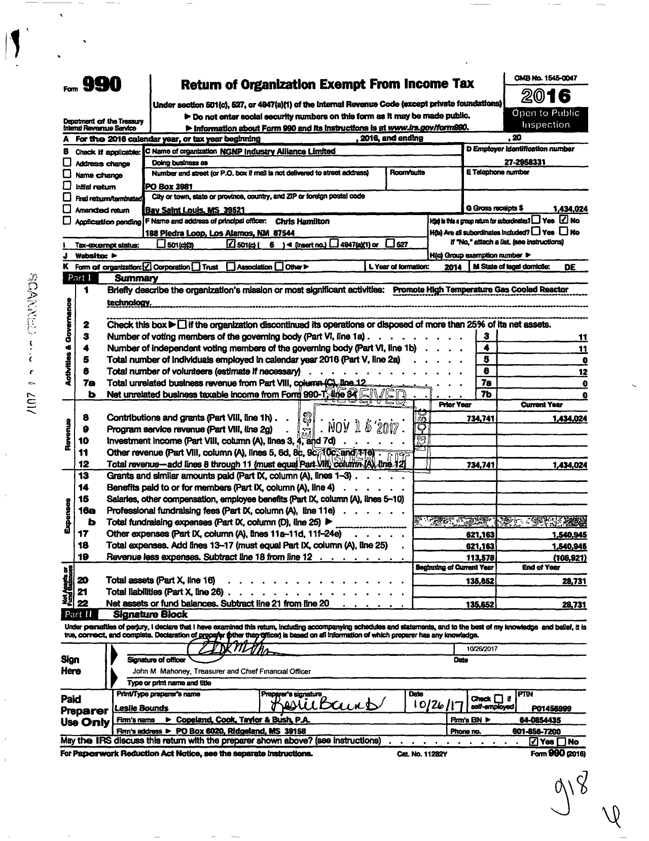 Image of first page of 2016 Form 990O for NGNP Industry Alliance Limited