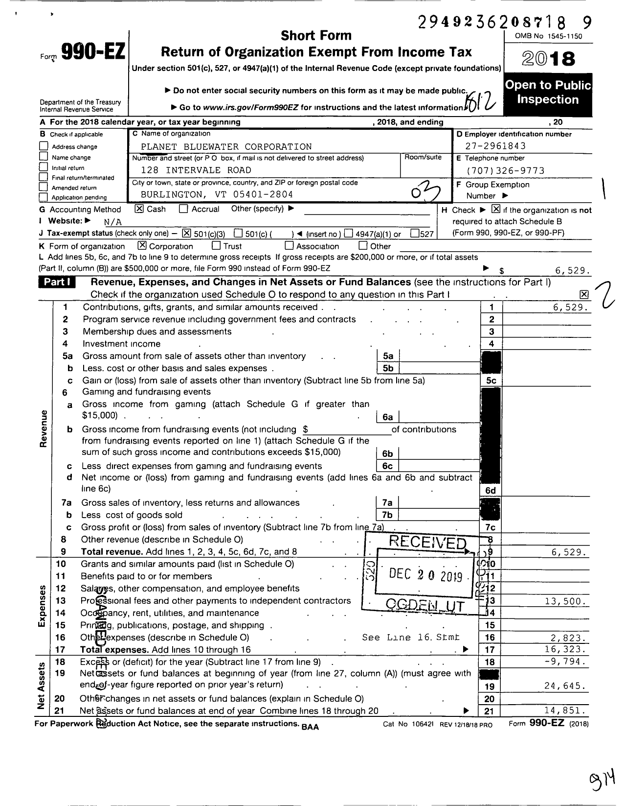 Image of first page of 2018 Form 990EZ for Planet Bluewater Corporation