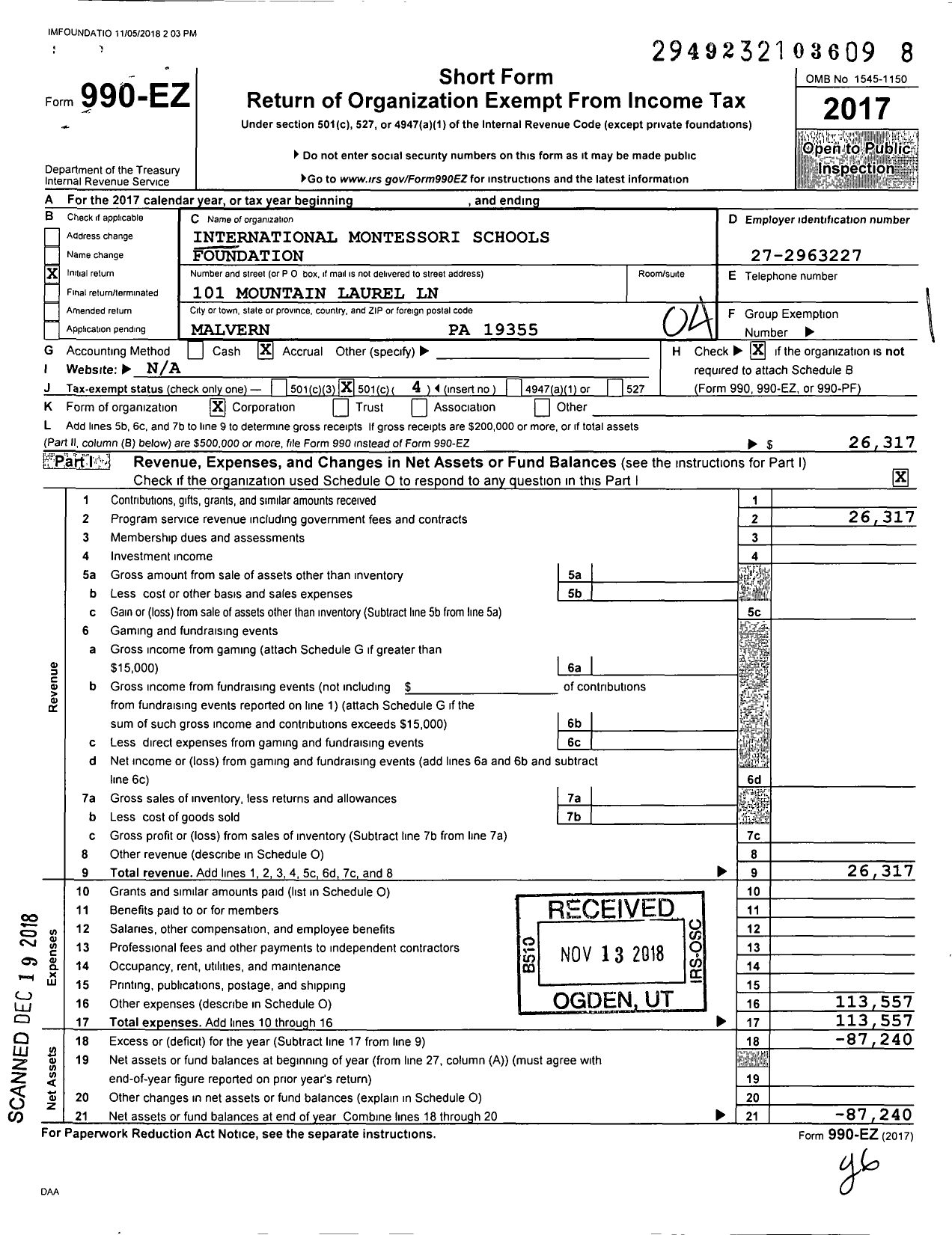 Image of first page of 2017 Form 990EO for International Montessori Schools Foundation