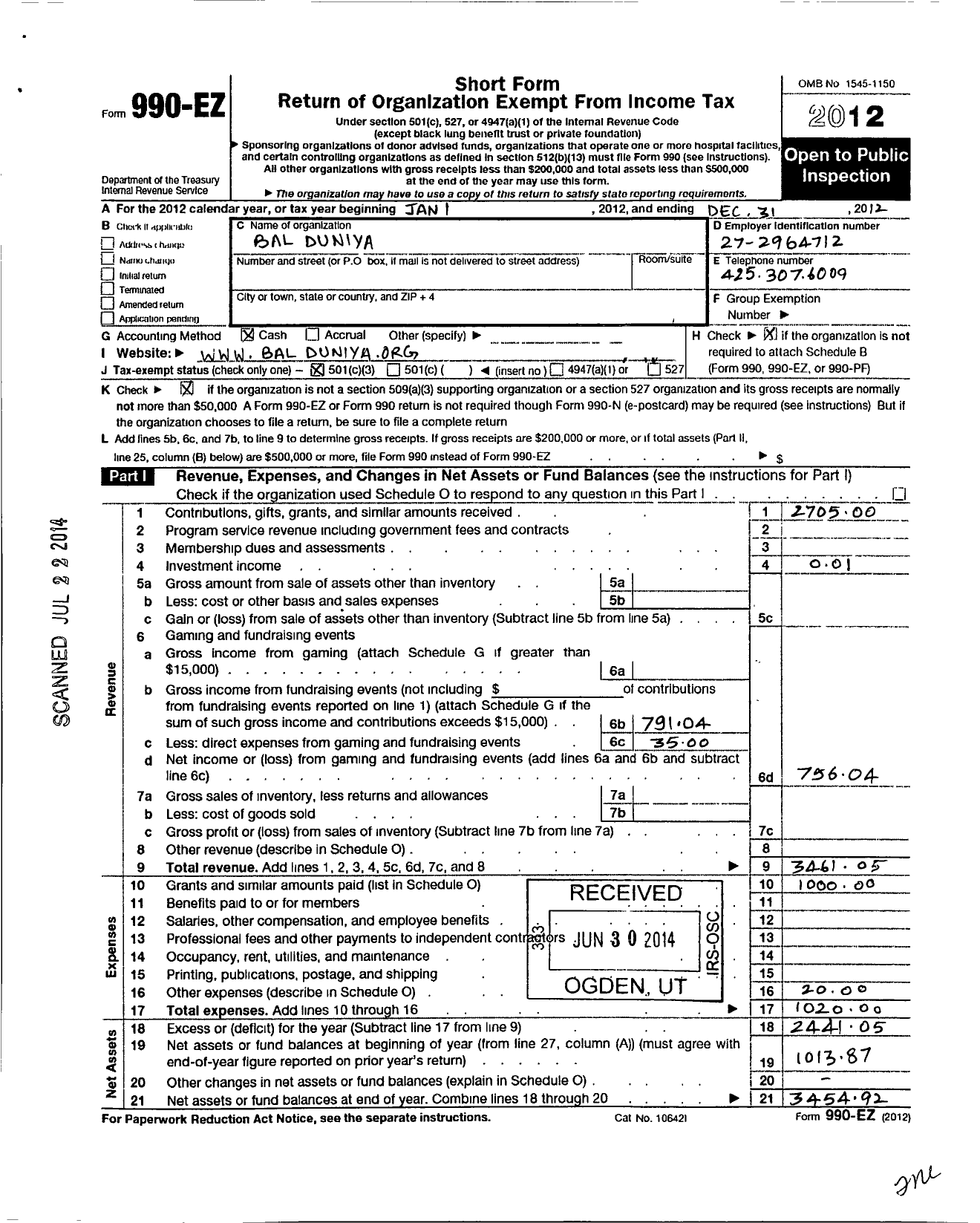 Image of first page of 2012 Form 990EZ for Bal Duniya