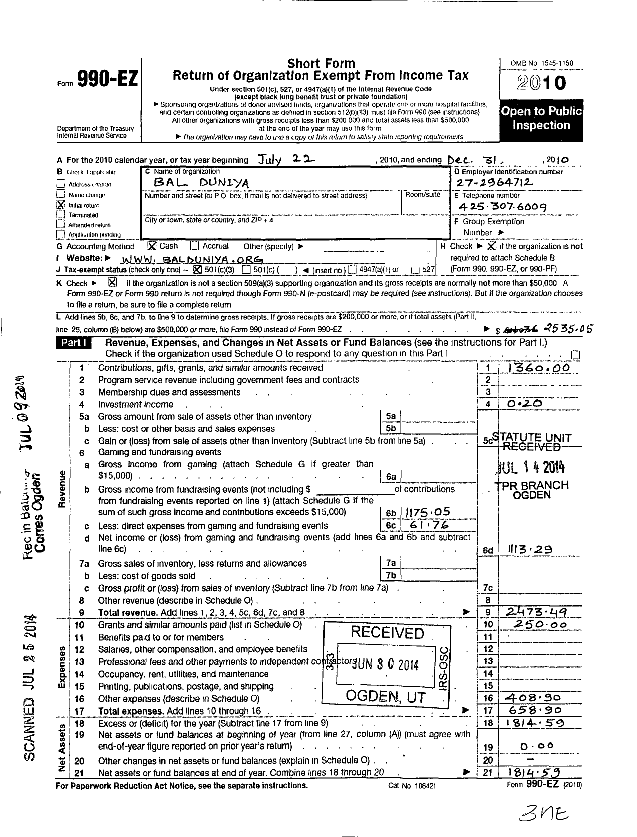 Image of first page of 2010 Form 990EZ for Bal Duniya