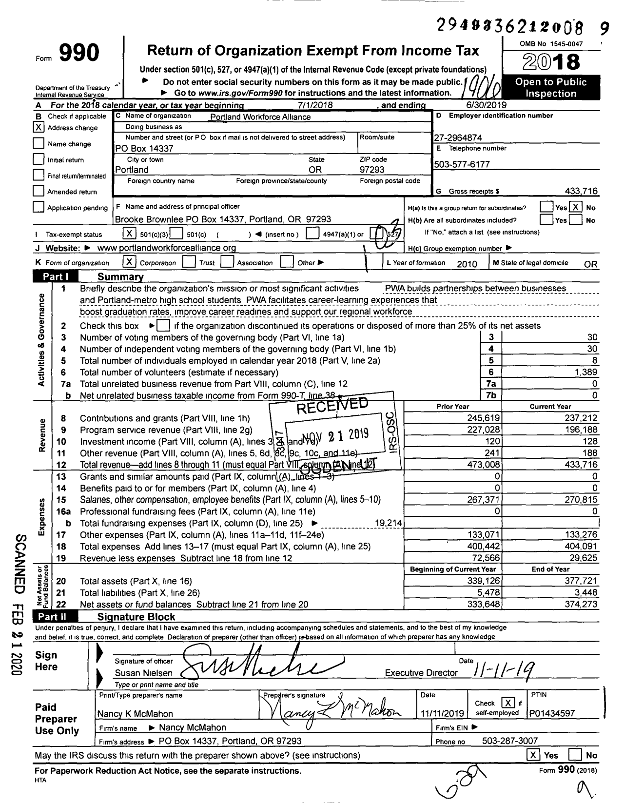 Image of first page of 2018 Form 990 for Portland Workforce Alliance