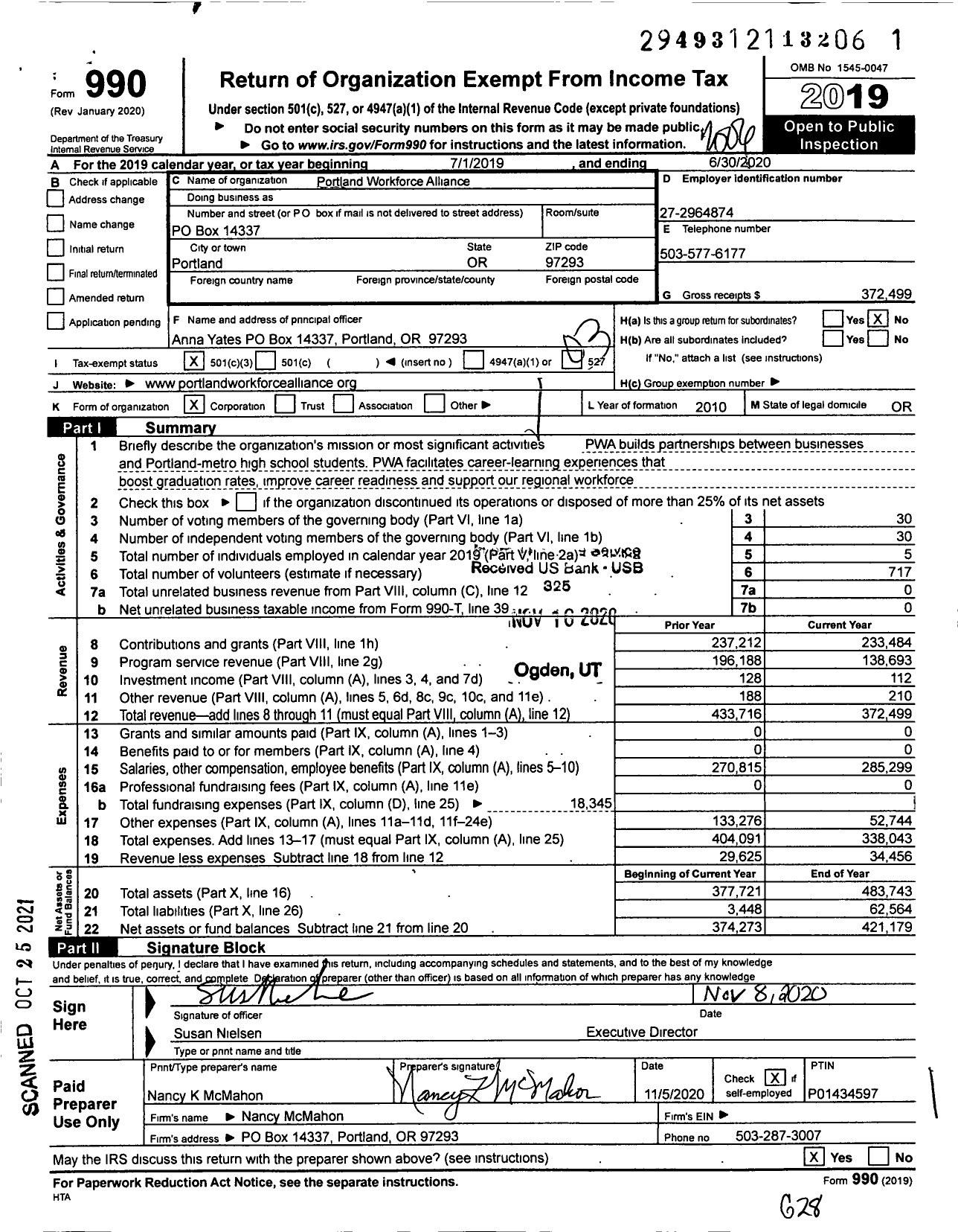 Image of first page of 2019 Form 990 for Portland Workforce Alliance