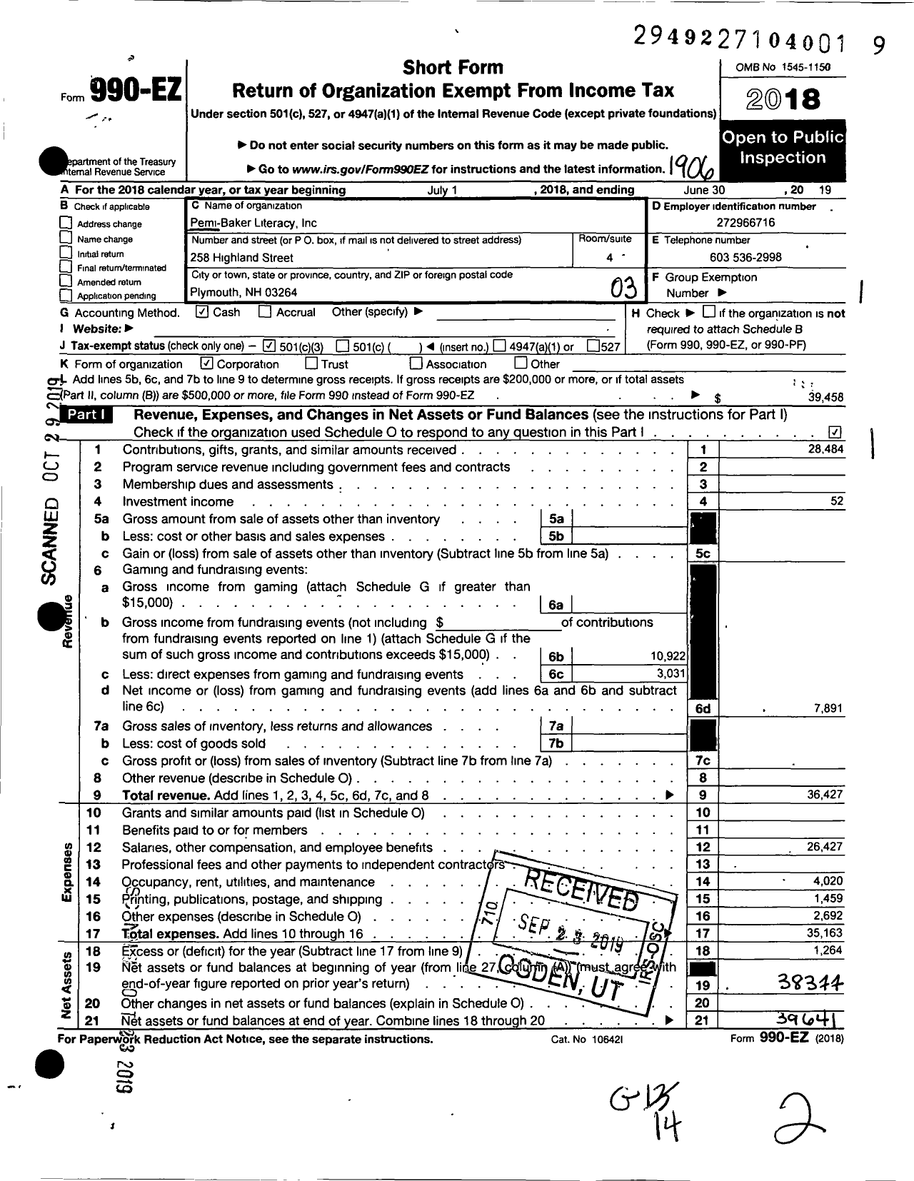 Image of first page of 2018 Form 990EZ for Pemi-Baker Literacy