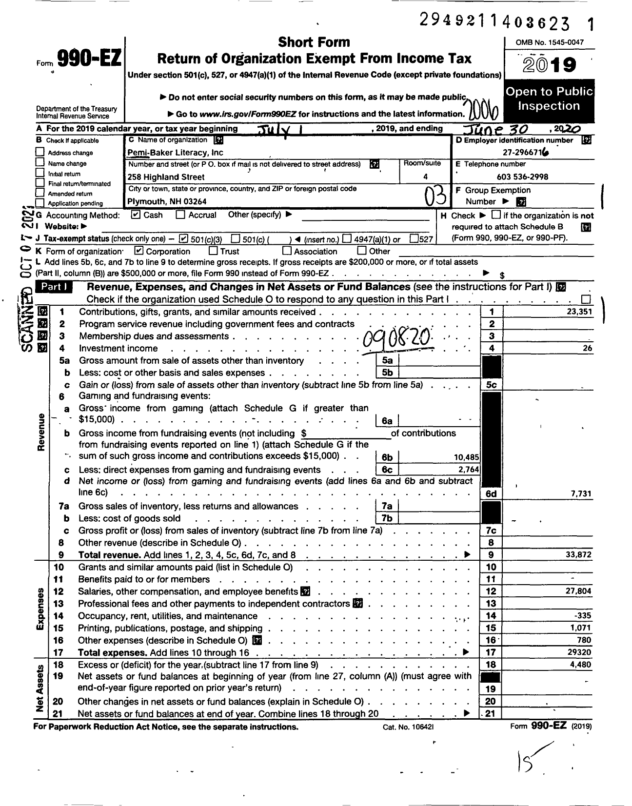 Image of first page of 2019 Form 990EZ for Pemi-Baker Literacy